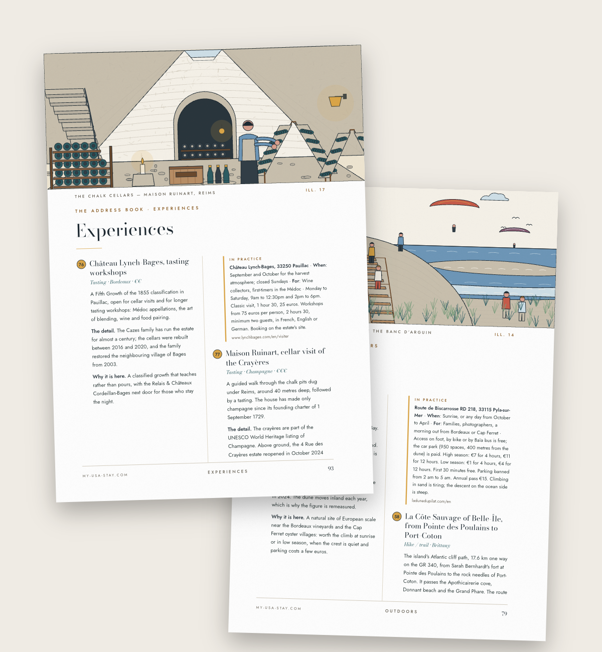 Two chapter openings of the guide, Experiences and Outdoors, with their illustrations