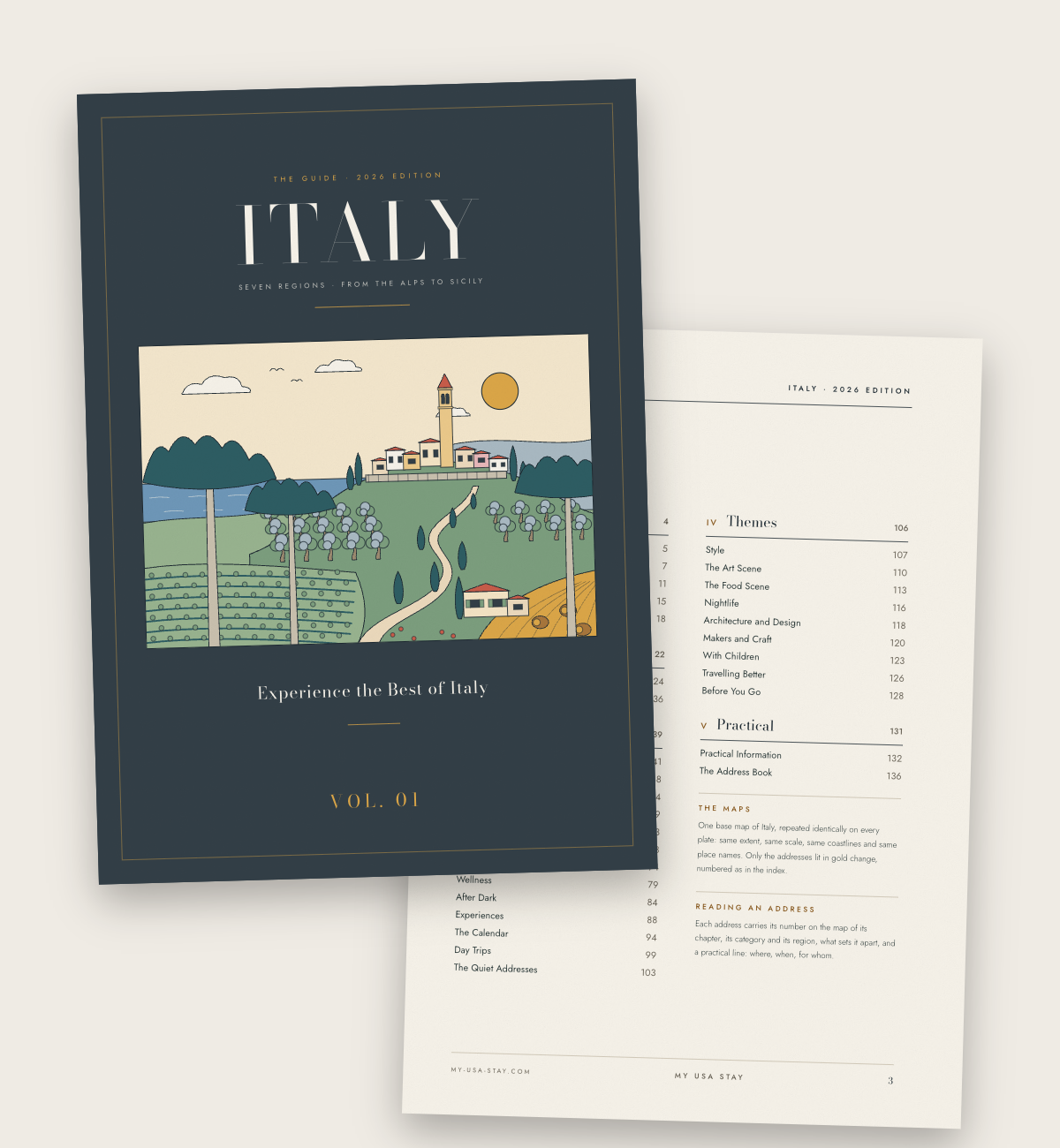 The cover and contents of The Italy Guide, 2026 edition
