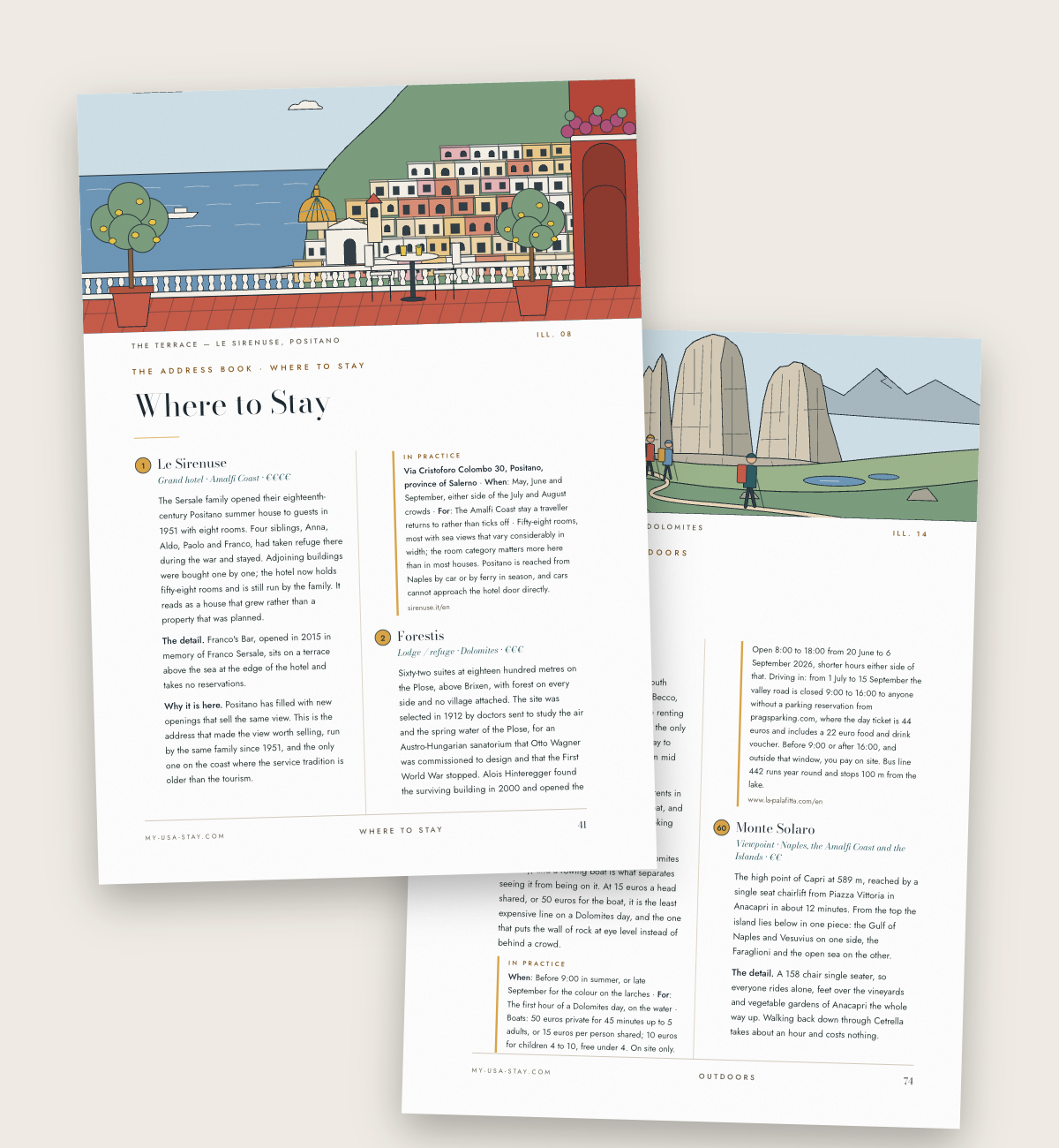Two chapter openings of The Italy Guide, Where to Stay and Outdoors, with their illustrations