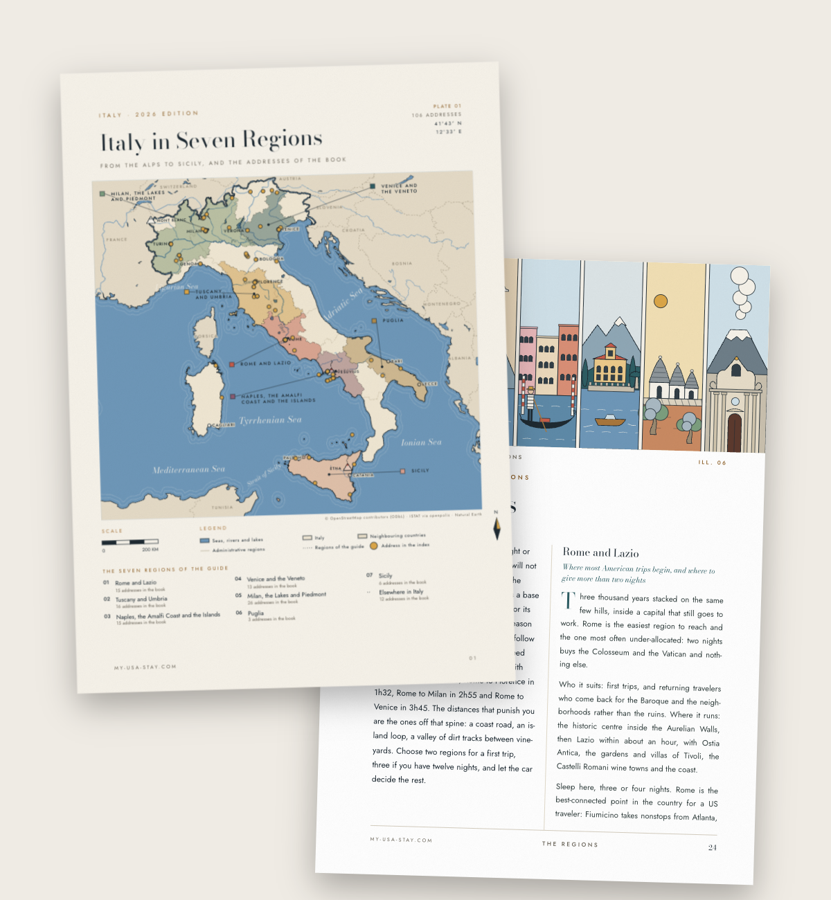 The map of the seven regions of The Italy Guide, with the addresses of the book