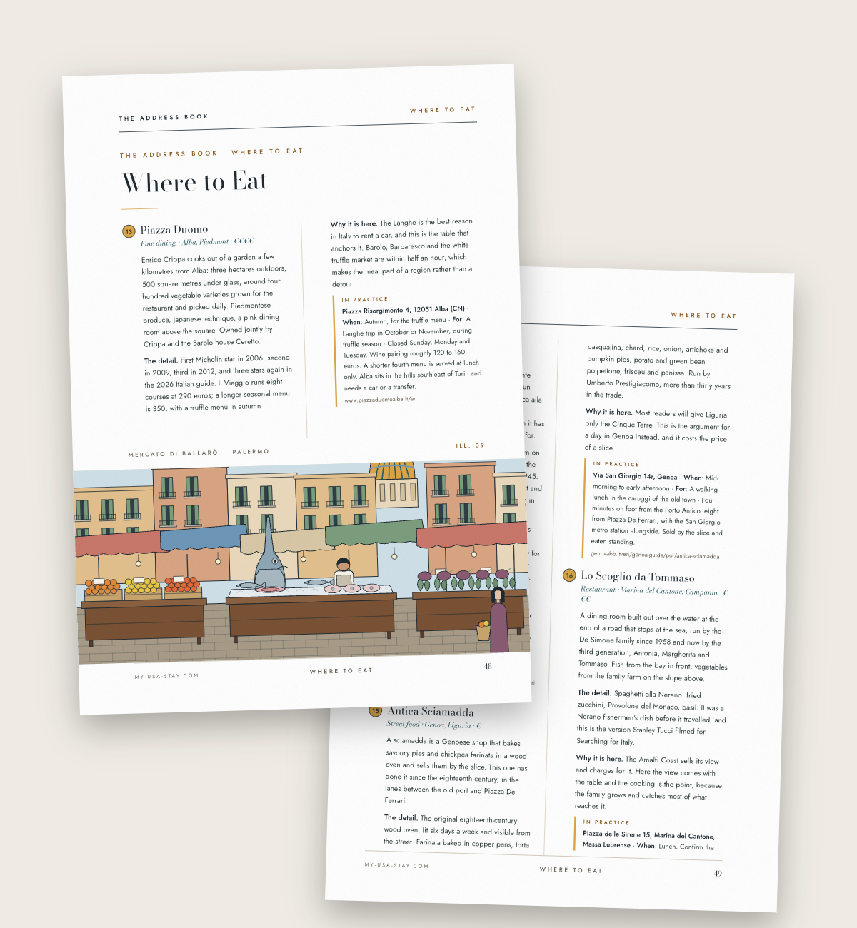 Two plates of the Where to Eat chapter, with the reason each address is in the guide