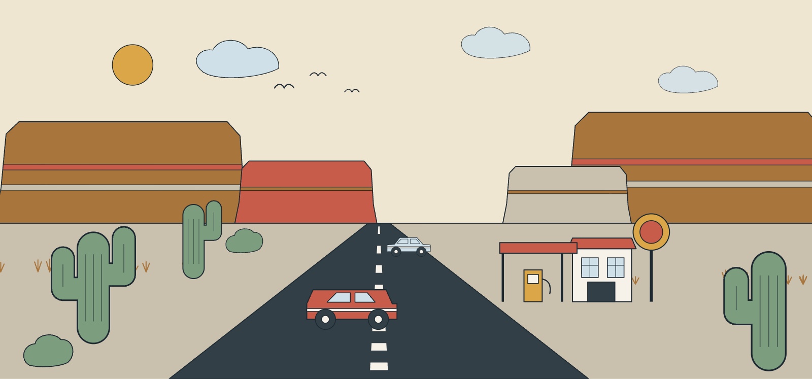 Illustration of a Southwest road trip: a straight road, mesas, a car and an old service station