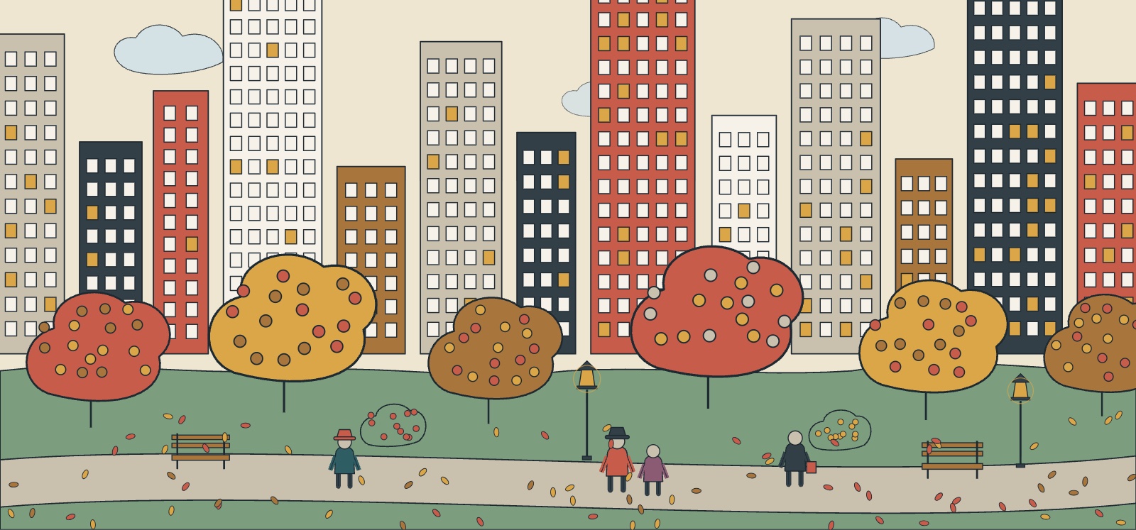 Illustration of a city park in autumn, with russet and gold trees, benches and walkers below a ring of skyscrapers
