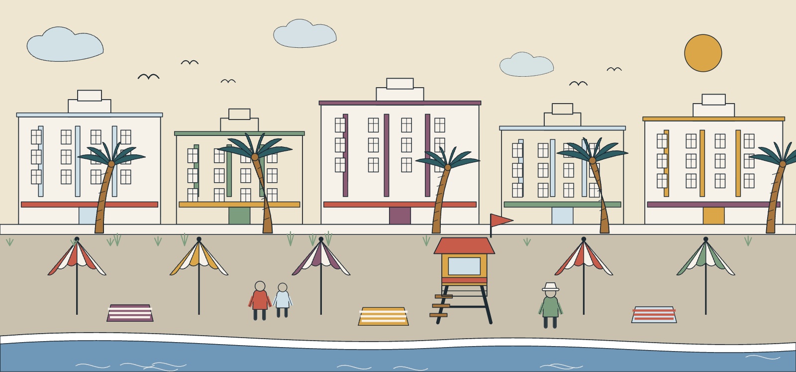 Illustration of a Florida beach with aligned parasols, a coloured lifeguard station and art deco hotels