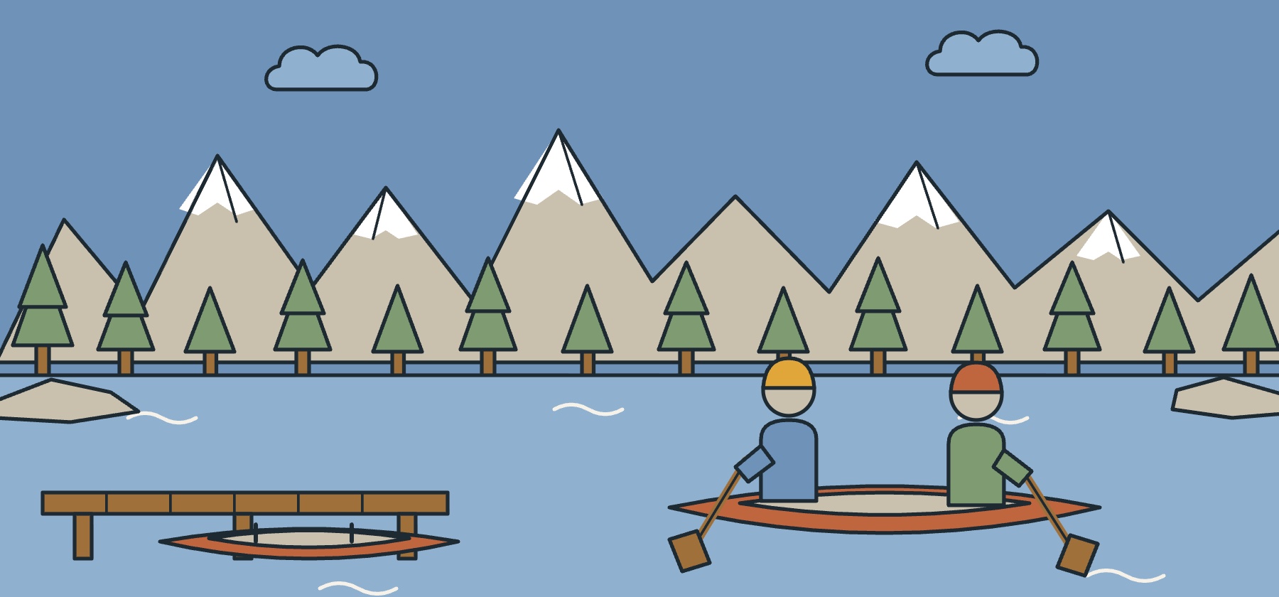Illustration of Moraine Lake in Banff National Park with red canoes, rock walls and spruce forest