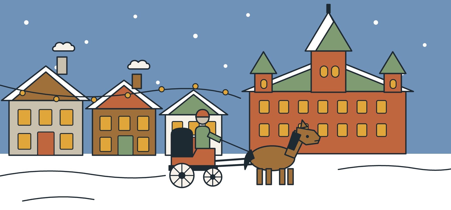 Illustration of Old Quebec under snow with the Chateau Frontenac, a horse-drawn calash and smoking chimneys