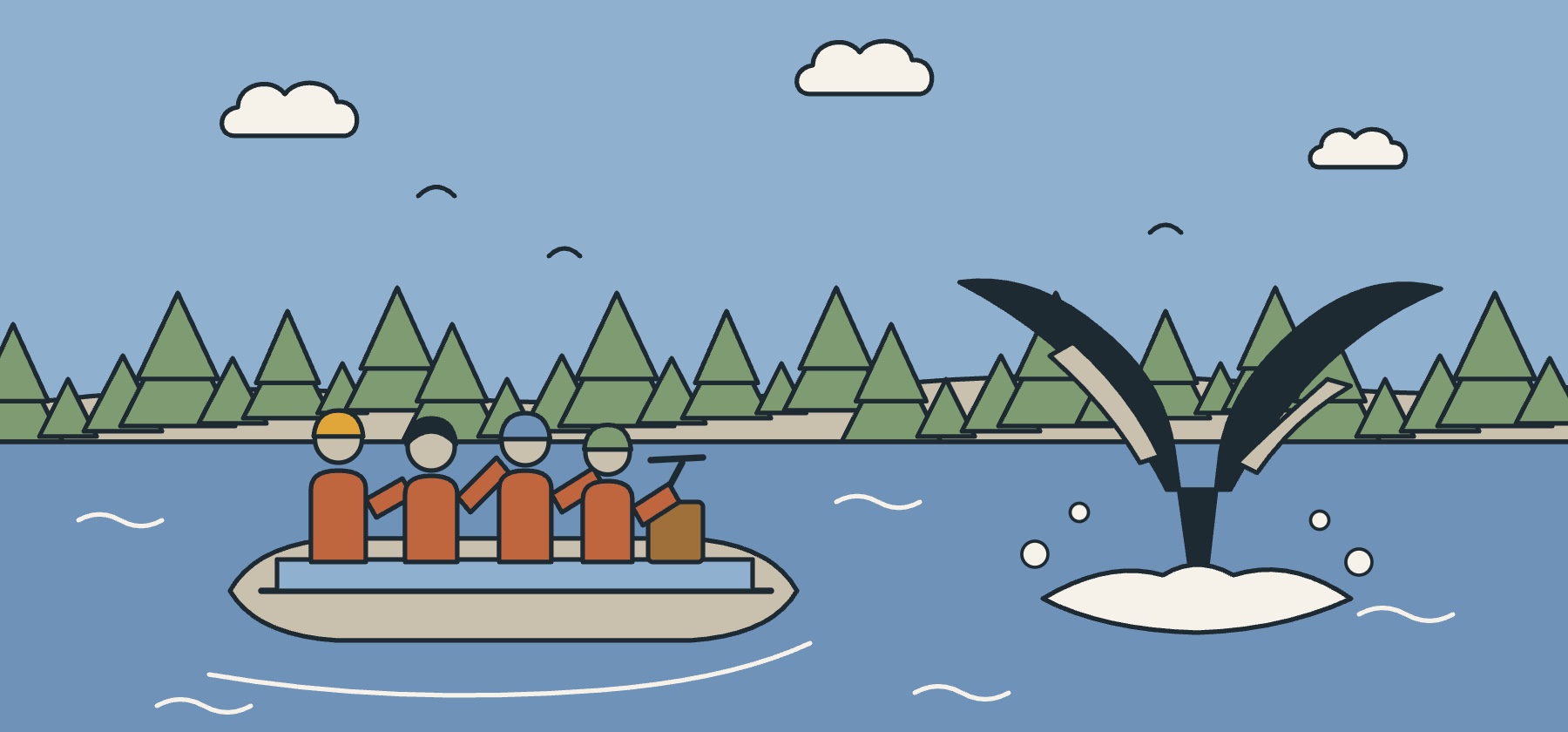 Illustration of whale watching off Tadoussac with a rorqual tail, a zodiac and the wooded shore of the St. Lawrence