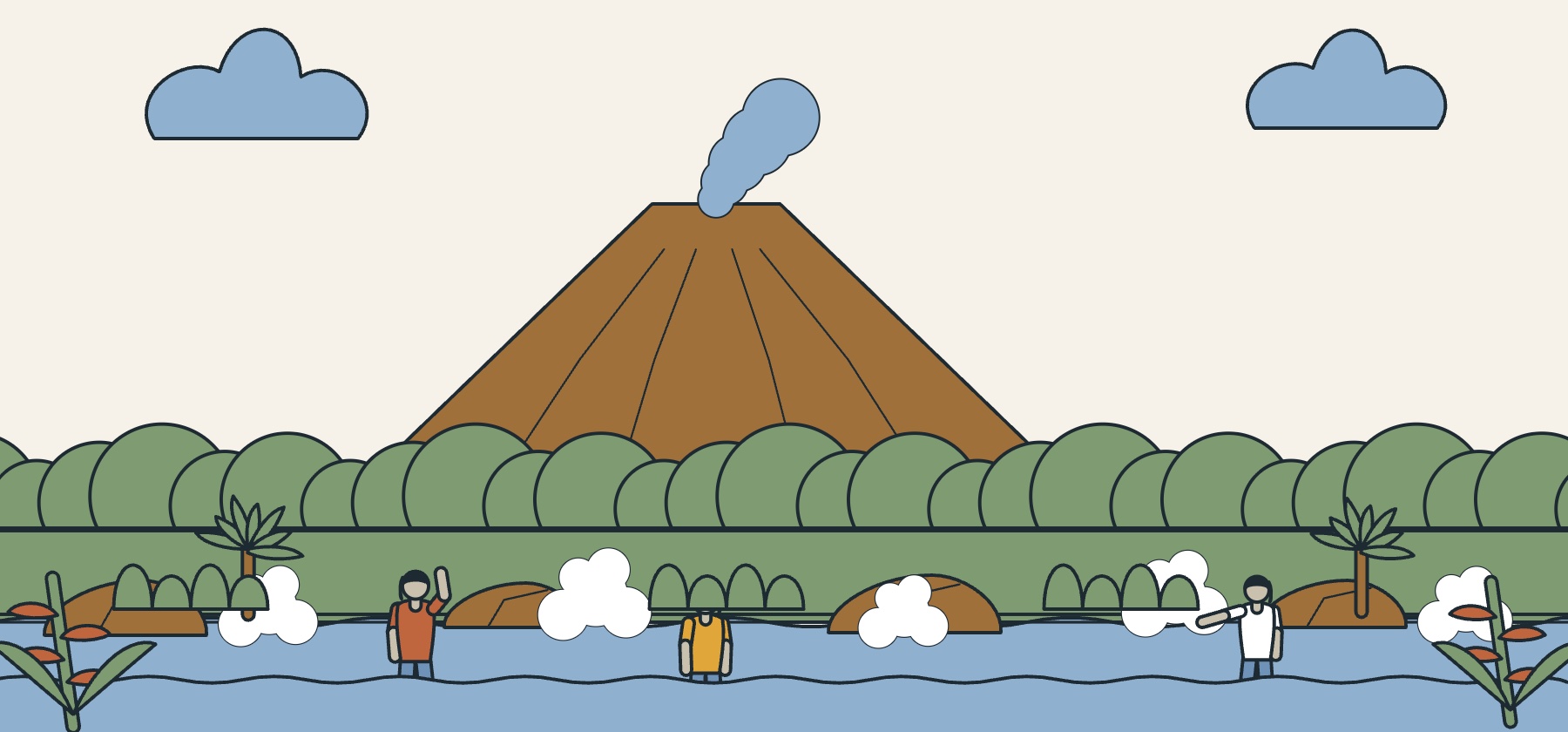 Illustration of Arenal Volcano seen from La Fortuna, with dense forest and steaming hot springs