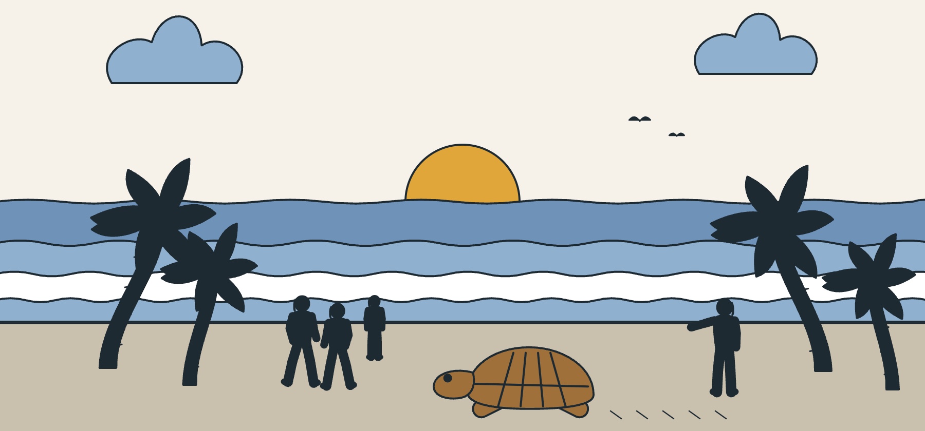 Illustration of a Guanacaste beach at sunset with a sea turtle coming ashore, palms and surf
