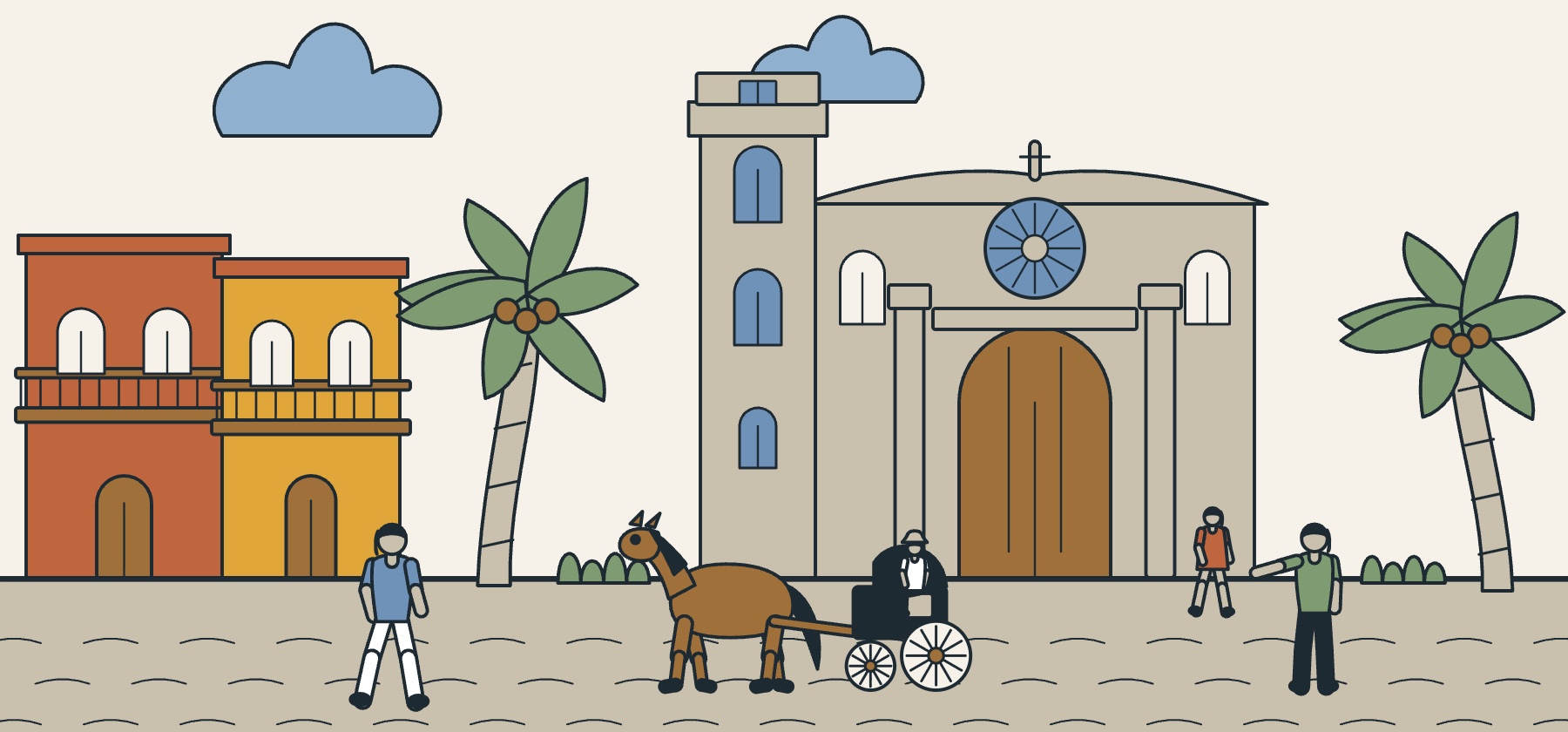 Illustration of the Zona Colonial in Santo Domingo with its stone cathedral, cobbled street and palms