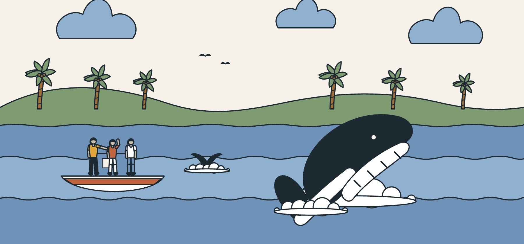 Illustration of a humpback whale breaching in Samana Bay beside a whale watching boat and green hills