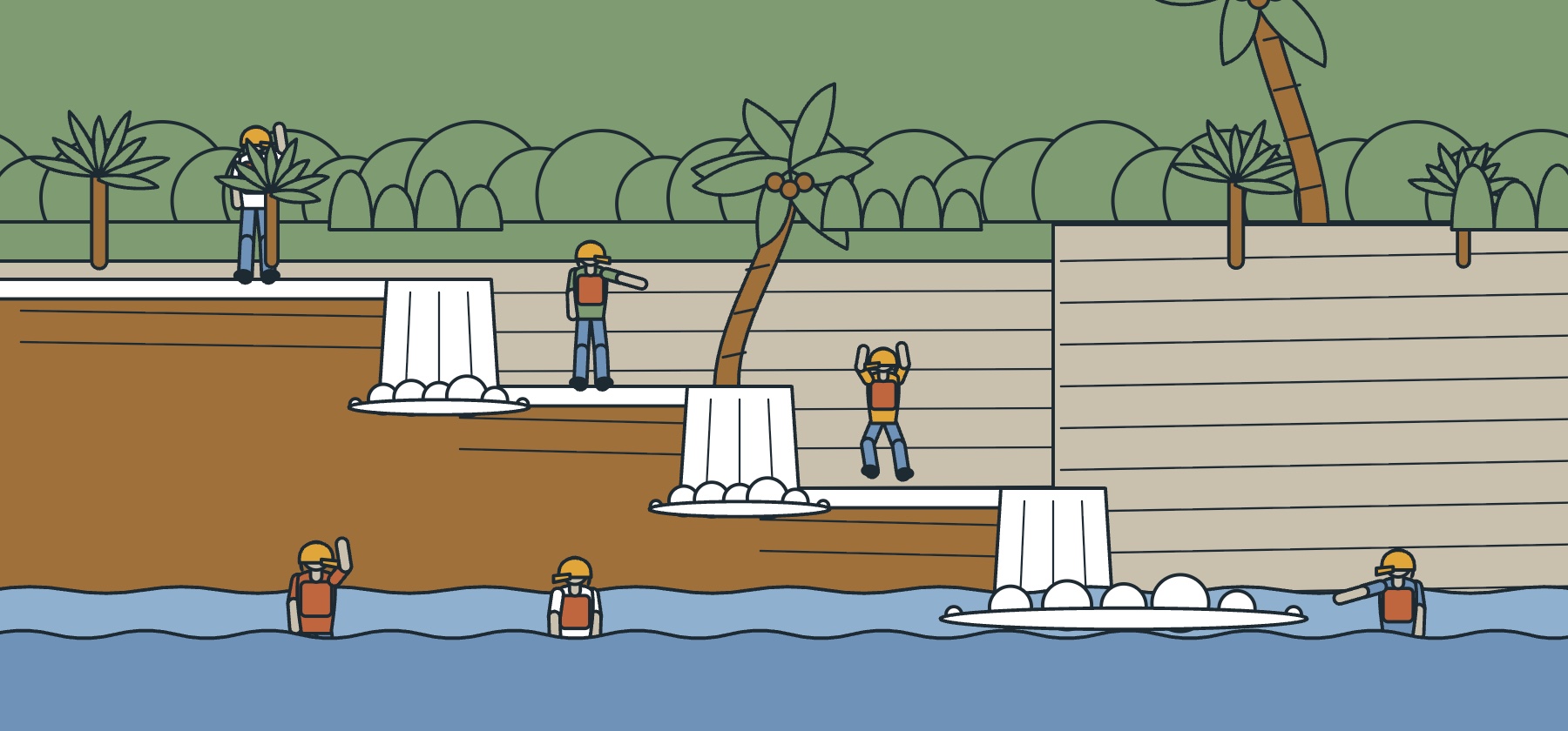 Illustration of bathers in helmets and life jackets in the turquoise pools of the Damajagua waterfalls
