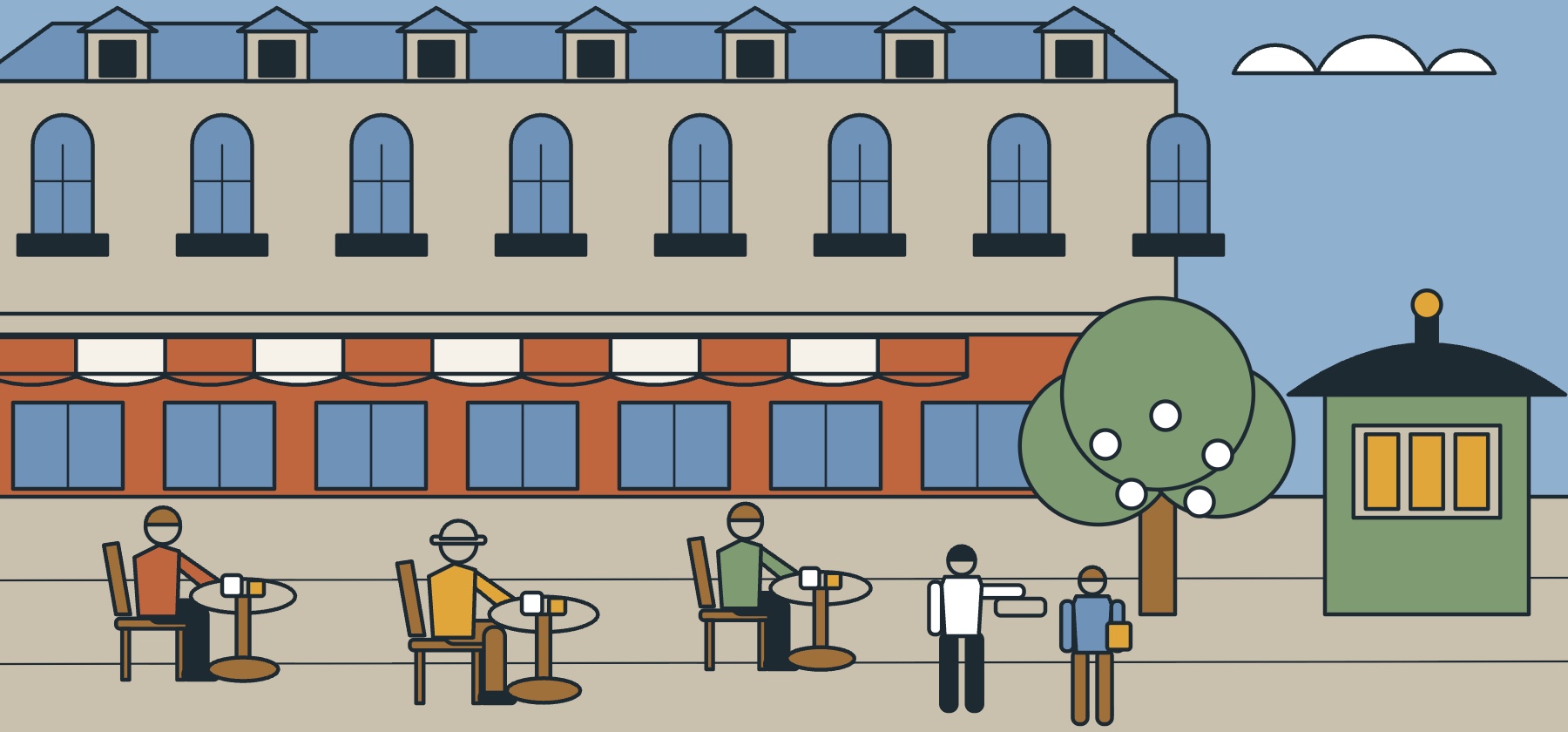 Illustration of a Paris cafe terrace in fine weather, with cane chairs, a striped awning, a newspaper kiosk and a Haussmann building