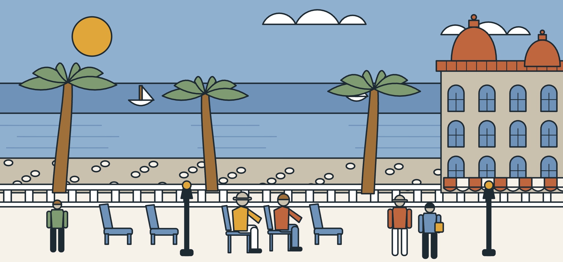 Illustration of the Promenade des Anglais in Nice, with the pebble beach, blue chairs, palm trees, domes and very clear sea
