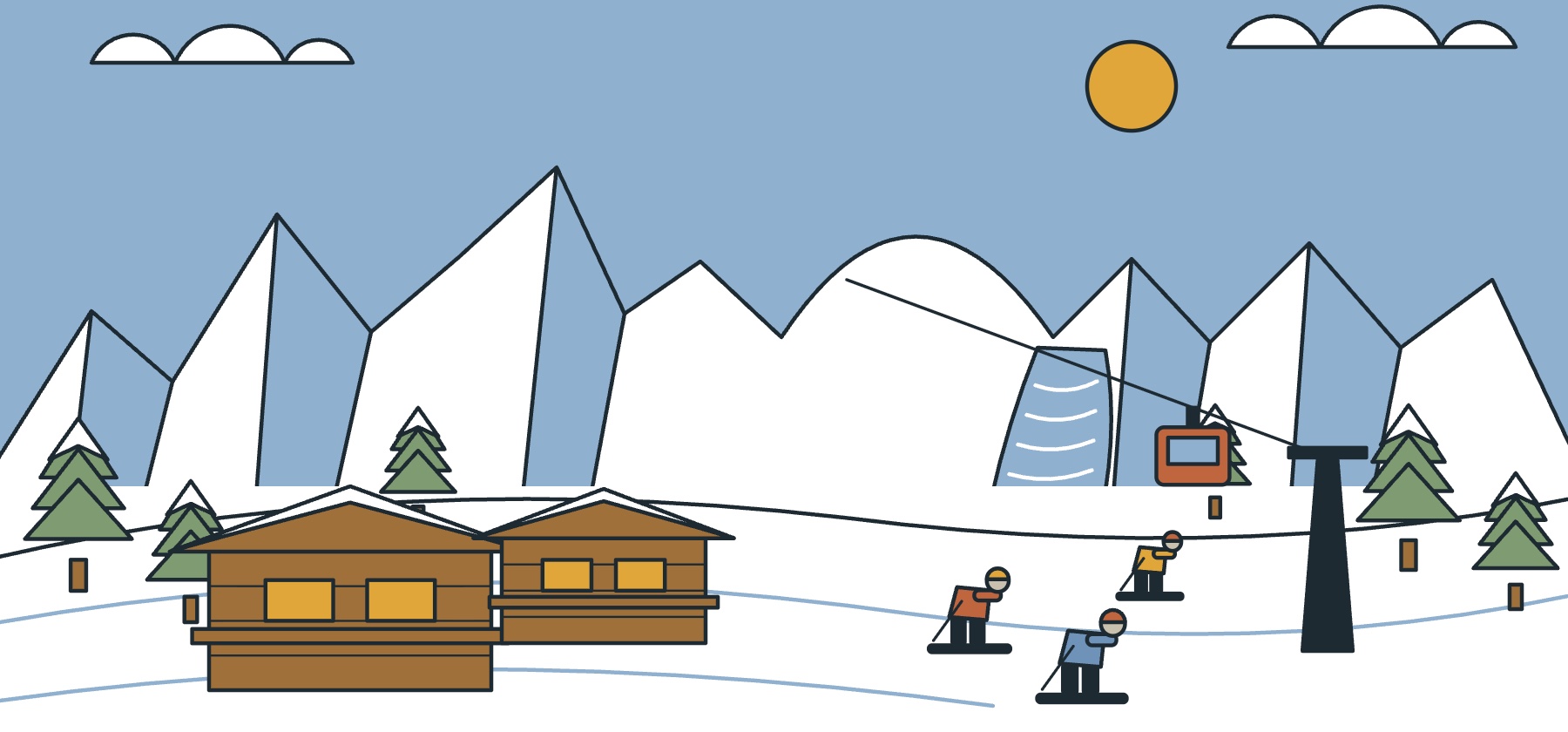 Illustration of Mont Blanc seen from Chamonix in winter, with the aiguilles, the glacier, wooden chalets and tiny skiers on the piste