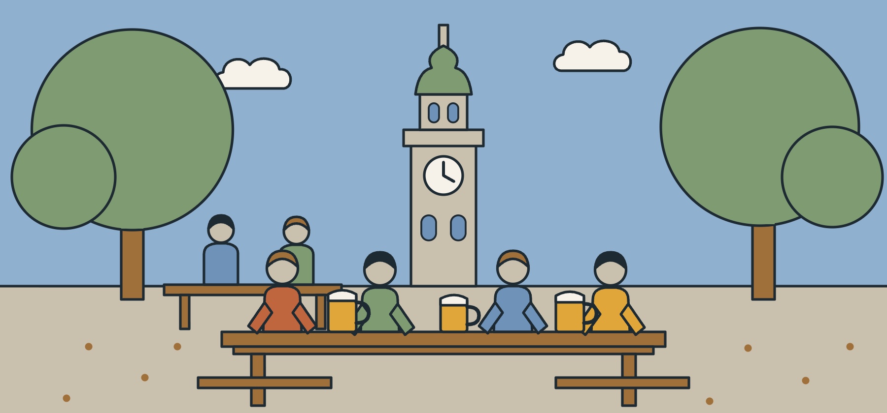 Illustration of a Munich beer garden with wooden tables under chestnut trees and the tower of the Alte Peter church behind