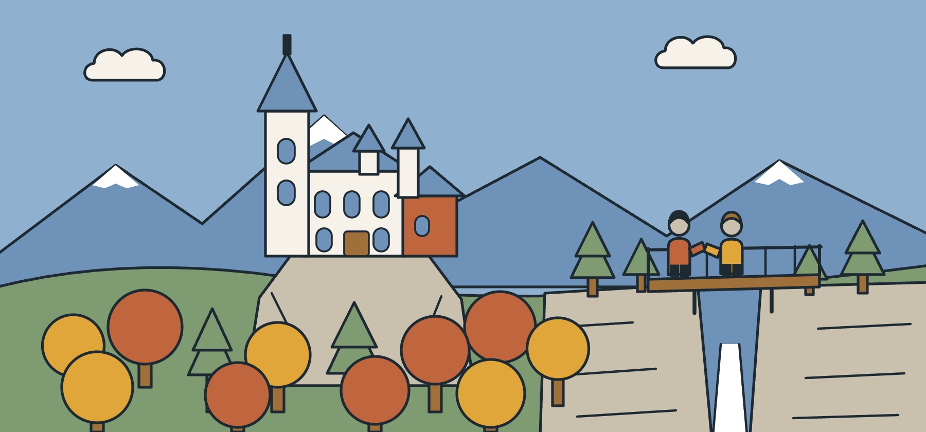 Illustration of Neuschwanstein castle in autumn with white towers above a gorge and russet forest