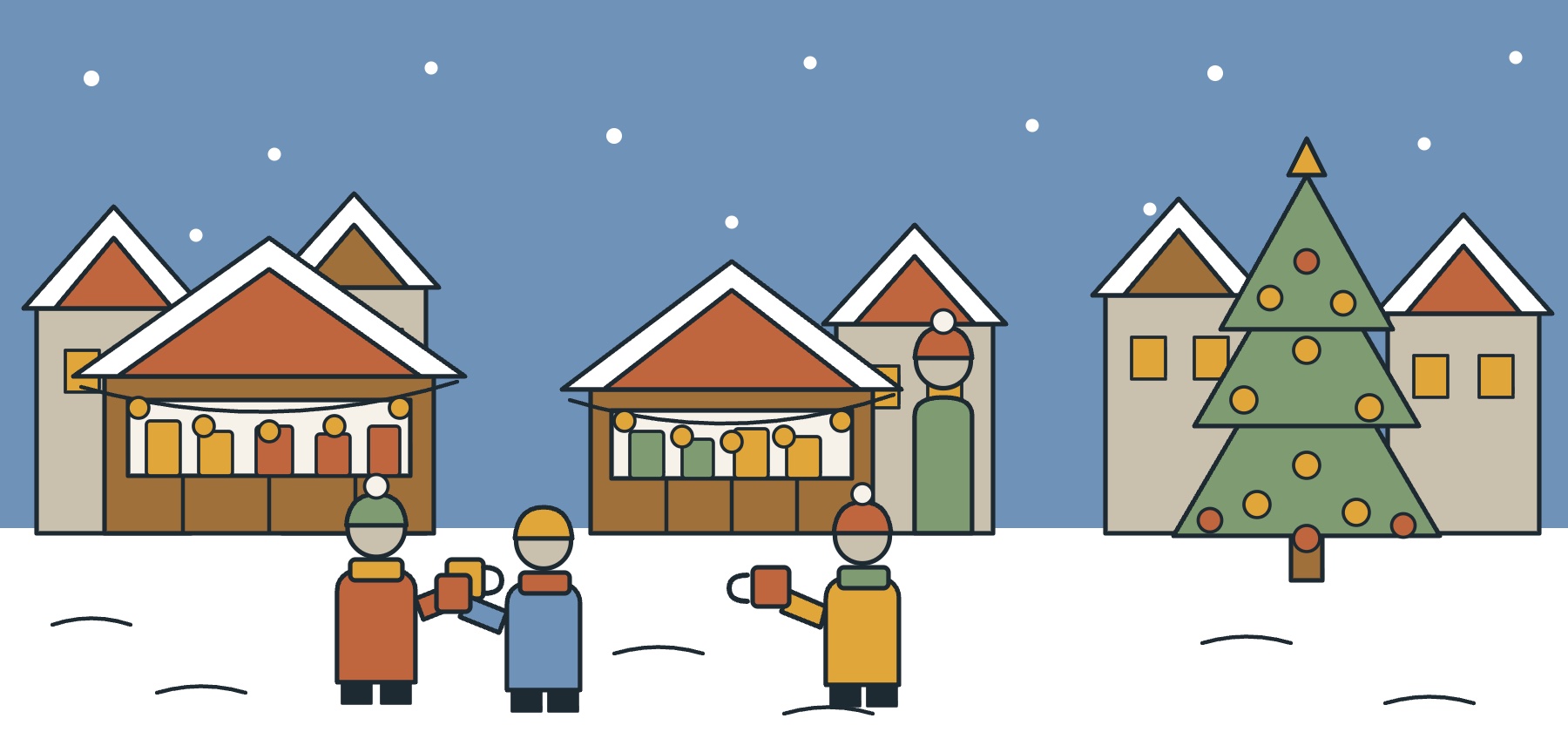 Illustration of a German Christmas market with wooden huts, garlands, a fir tree and snow on steep roofs