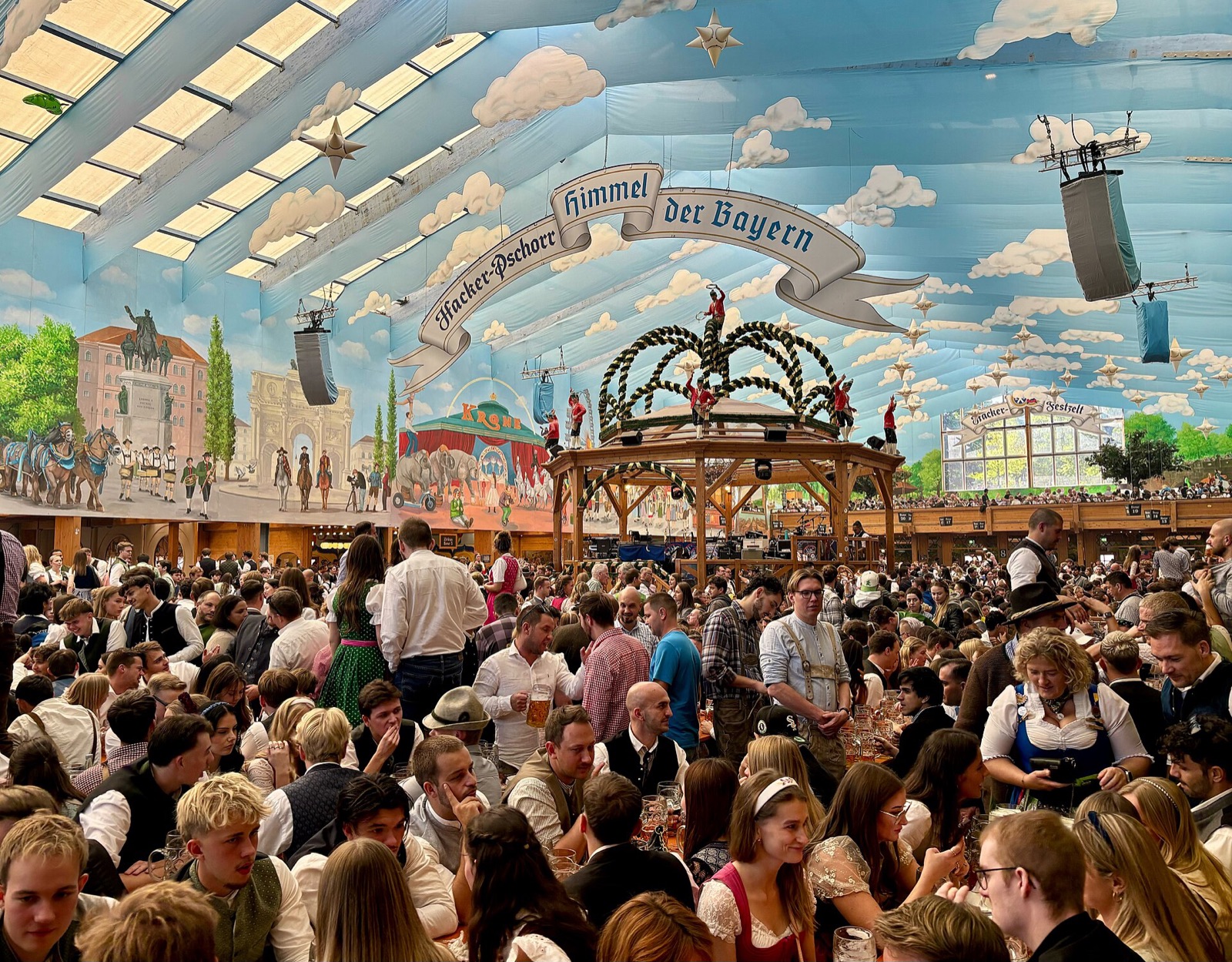 The packed interior of the Hacker beer tent at the Oktoberfest on the Theresienwiese in Munich
