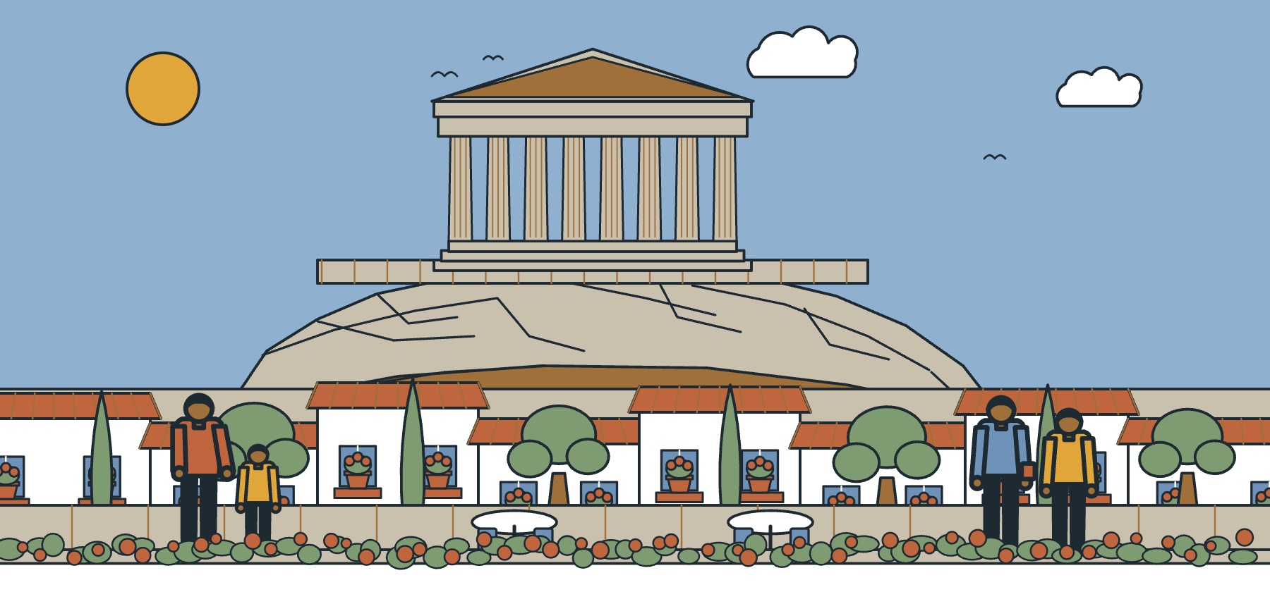 Illustration of the Acropolis of Athens seen from the Plaka district, with columns, olive trees, tiled roofs and bougainvillea on a white wall