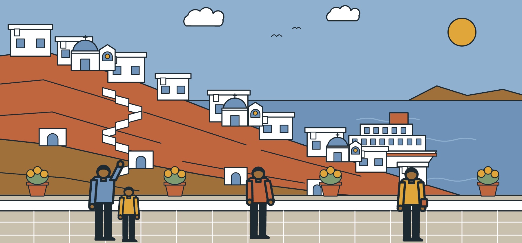 Illustration of a Santorini village on the caldera rim, with white cubic houses, blue domes, stepped lanes and a cruise ship far below