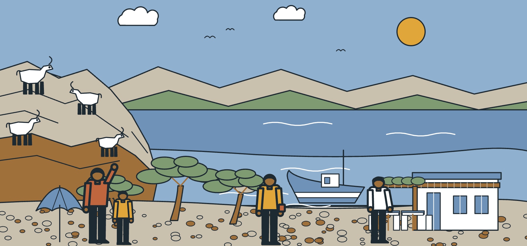 Illustration of a Cretan cove in September, with clear water, goats on the rock, tamarisk trees and a blue and white taverna