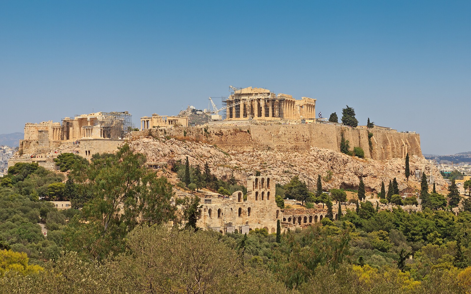 The Acropolis of Athens seen from Philopappos Hill, the Parthenon and the Propylaea on the bare limestone rock