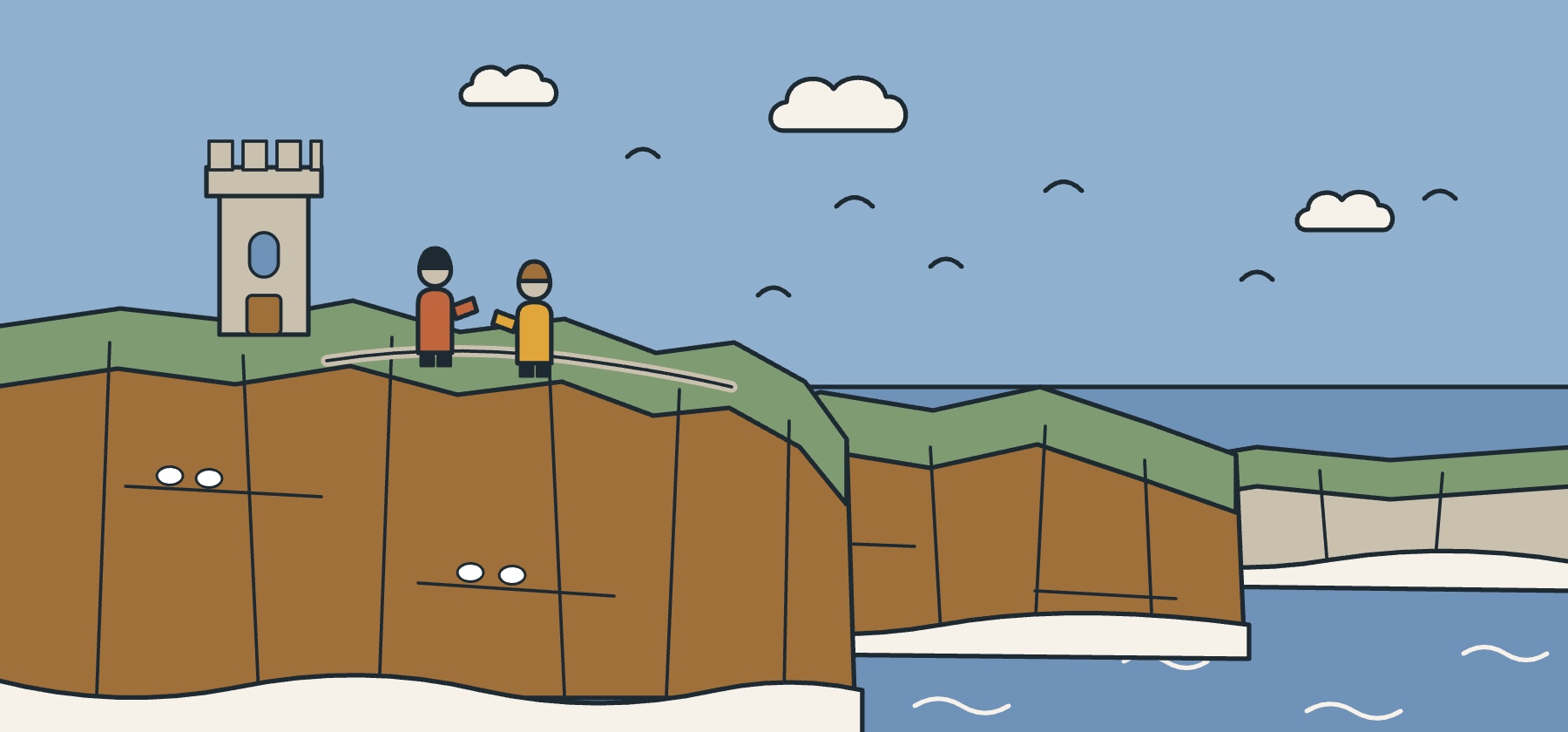 Illustration of the Cliffs of Moher in County Clare, with seabirds, O'Brien's Tower and the Atlantic swell below