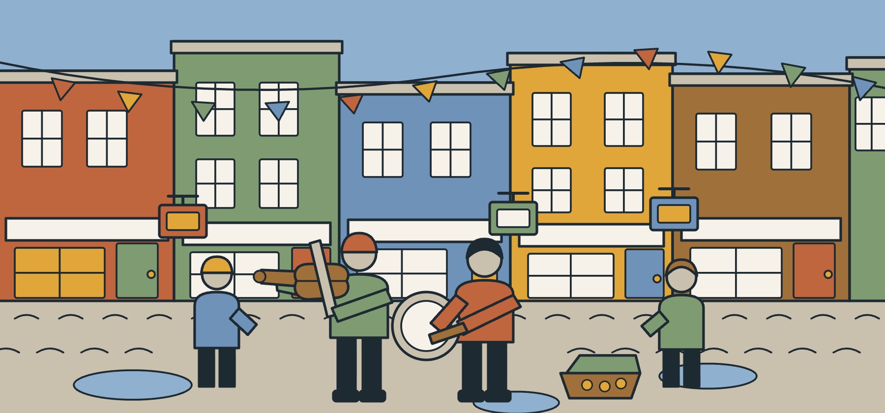 Illustration of a Galway street with painted shopfronts, hanging signs, street musicians and wet cobbles