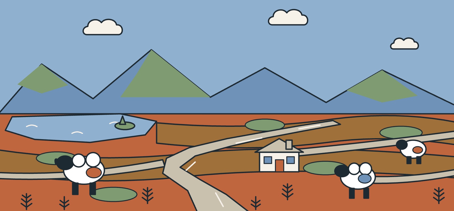 Illustration of the Ring of Kerry in October, with lakes, rust coloured bracken, stone walls and a narrow road