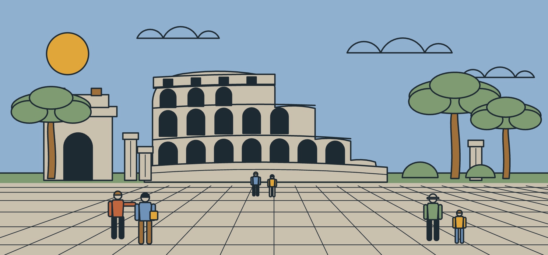 Illustration of the Colosseum and the Via Sacra in Rome early in the morning, with umbrella pines and a few walkers on the paving