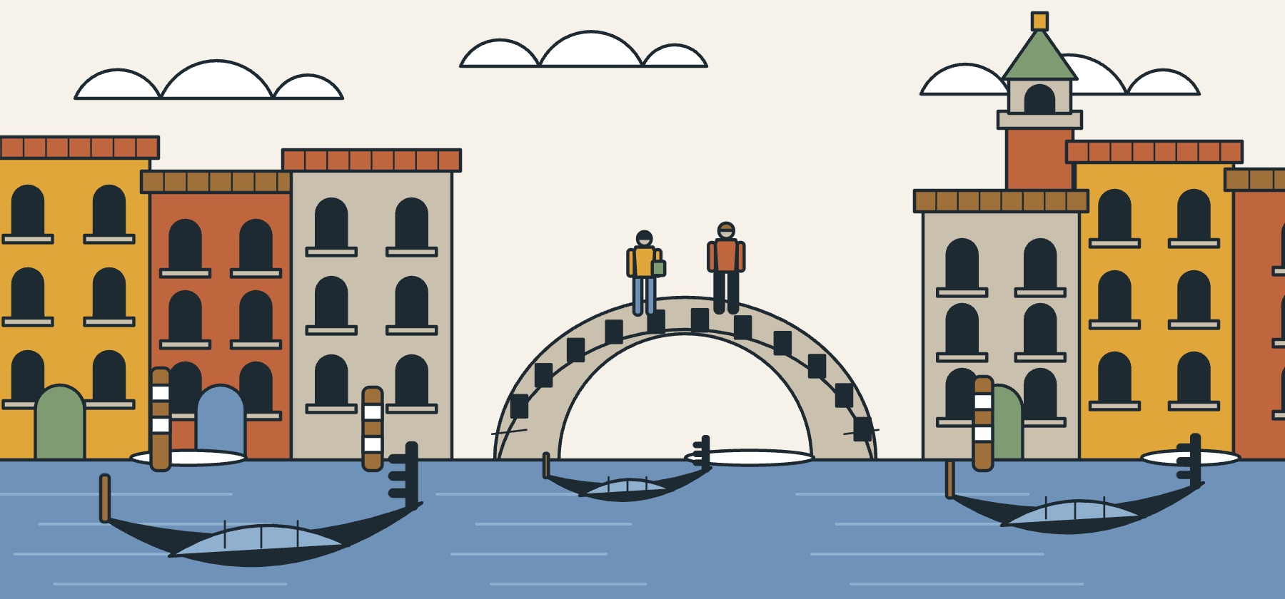 Illustration of a Venice canal in winter with covered gondolas, ochre and pink facades and a stone bridge under low mist