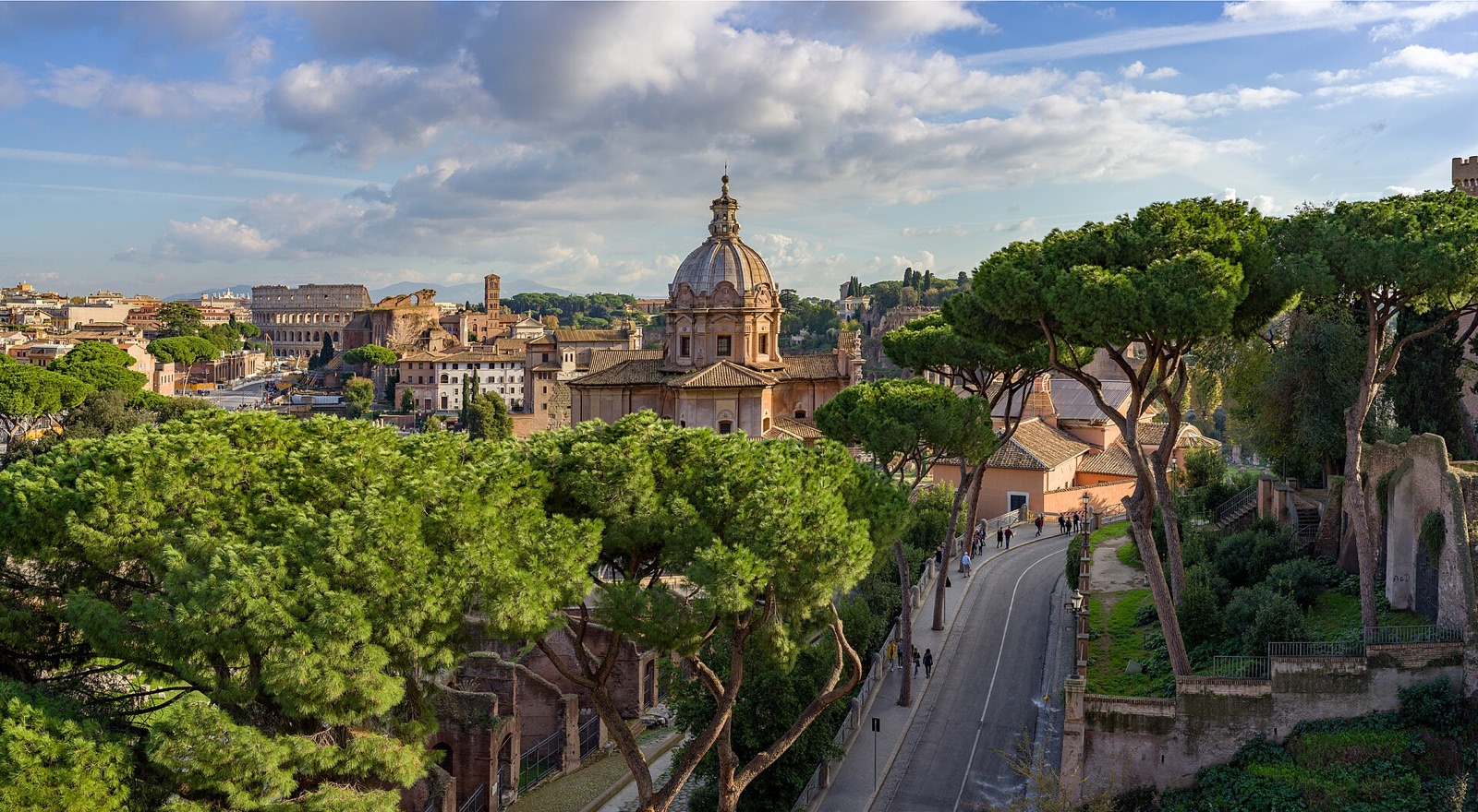 The Roman Forum in Rome seen from the Vittoriano, with columns, ruins and umbrella pines under a clear sky