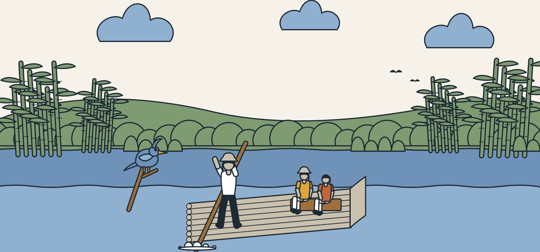 Illustration of a bamboo raft poled down the Rio Grande near Port Antonio, with bamboo banks and a kingfisher