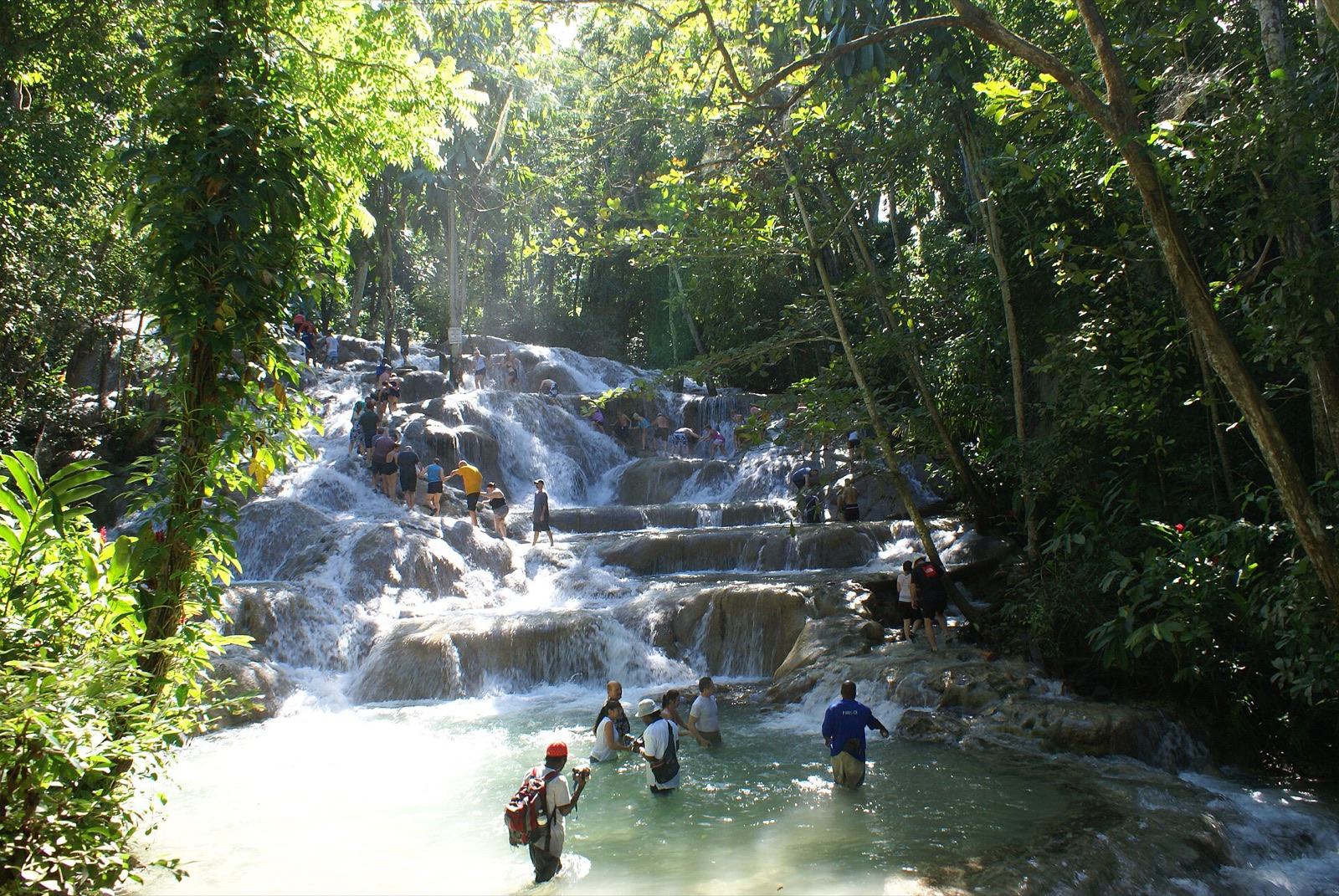 Visitors climbing the limestone terraces of Dunn's River Falls near Ocho Rios, Jamaica