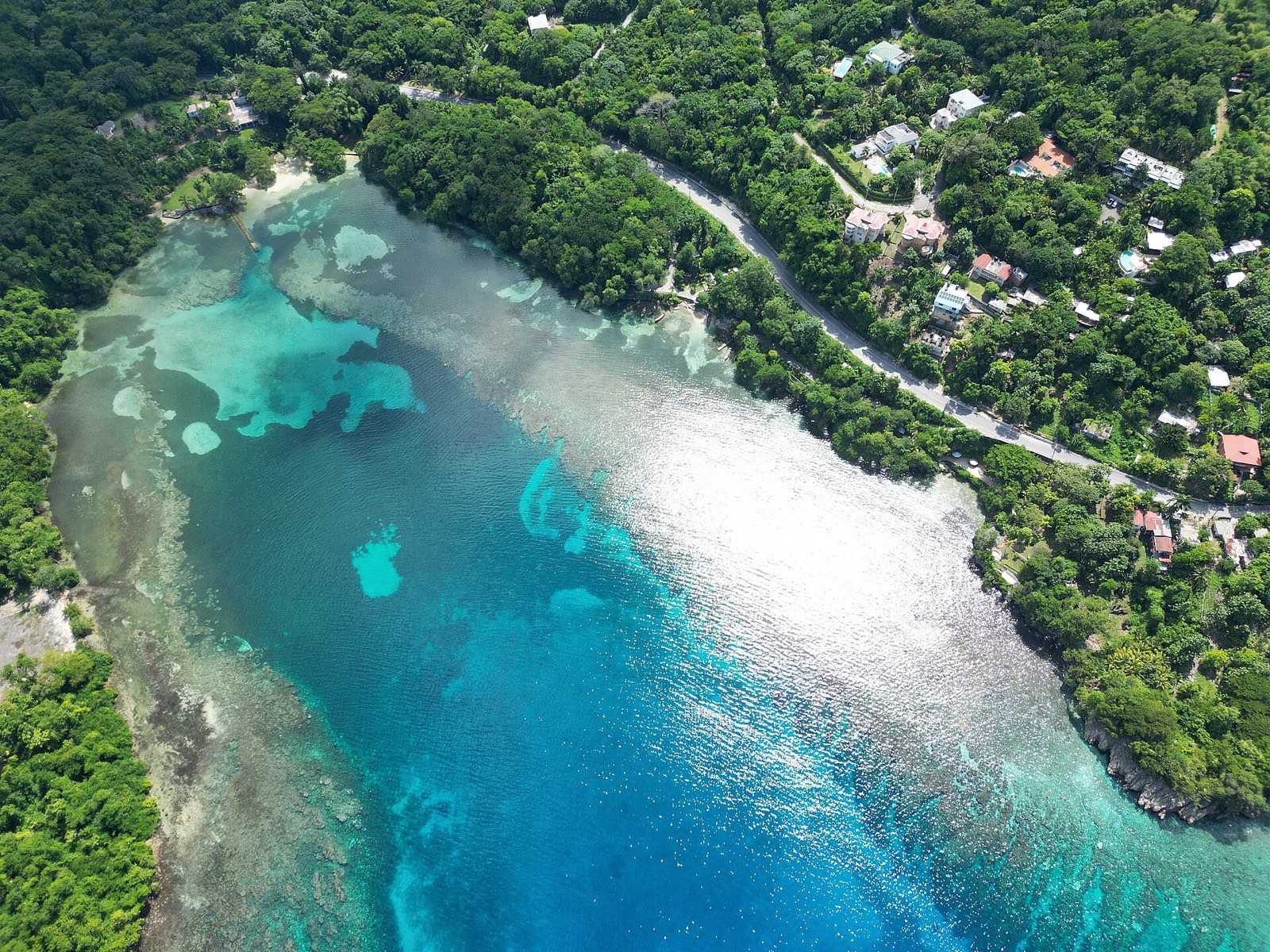 Aerial view of San San Bay near Port Antonio on the east coast of Jamaica