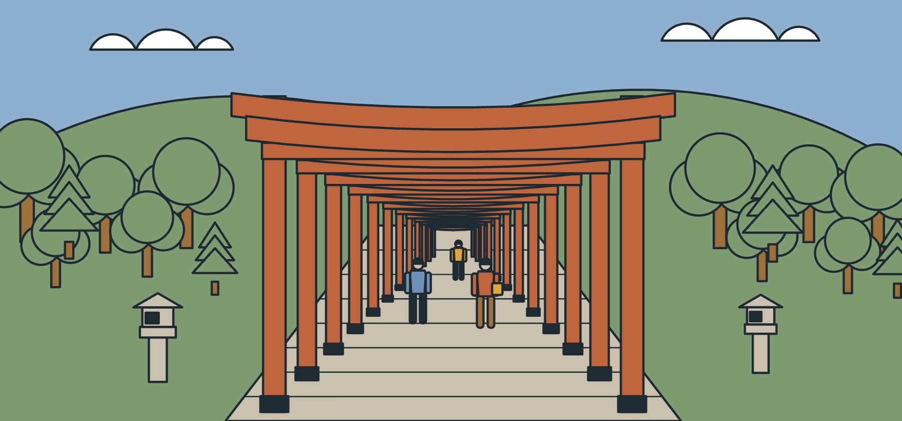 Illustration of the vermilion torii gate path of Fushimi Inari shrine in Kyoto, climbing a wooded hill