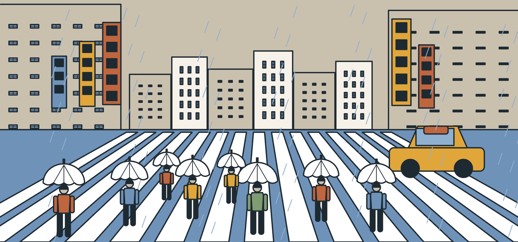 Illustration of a Tokyo crossing during the June rainy season, with clear umbrellas, vertical signs and a taxi