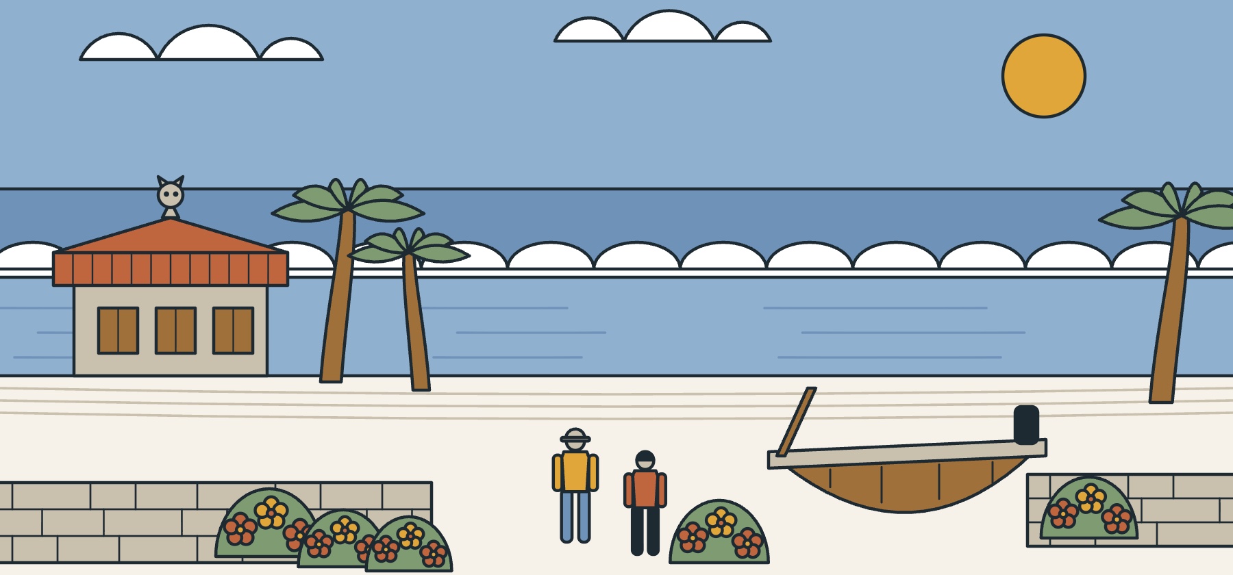 Illustration of an Okinawa beach in October with turquoise water, a reef, a fishing boat and a low coral wall