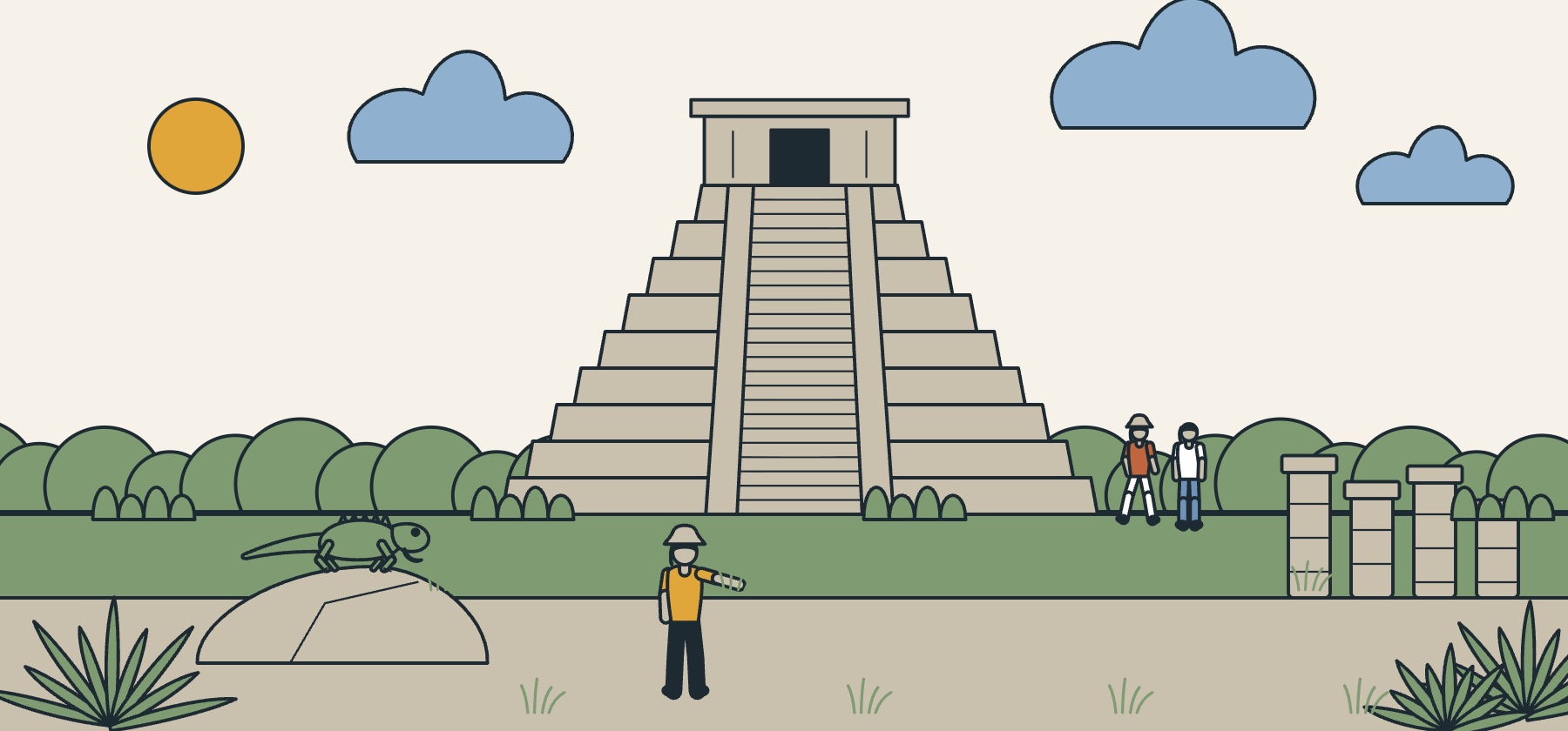 Illustration of the pyramid of Chichen Itza in morning light with low jungle and an iguana on a stone