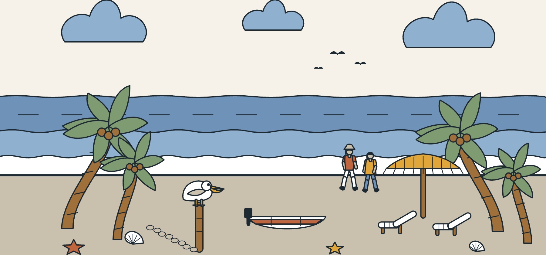 Illustration of a Riviera Maya beach in February with turquoise water, a palm thatch palapa and leaning coconut palms