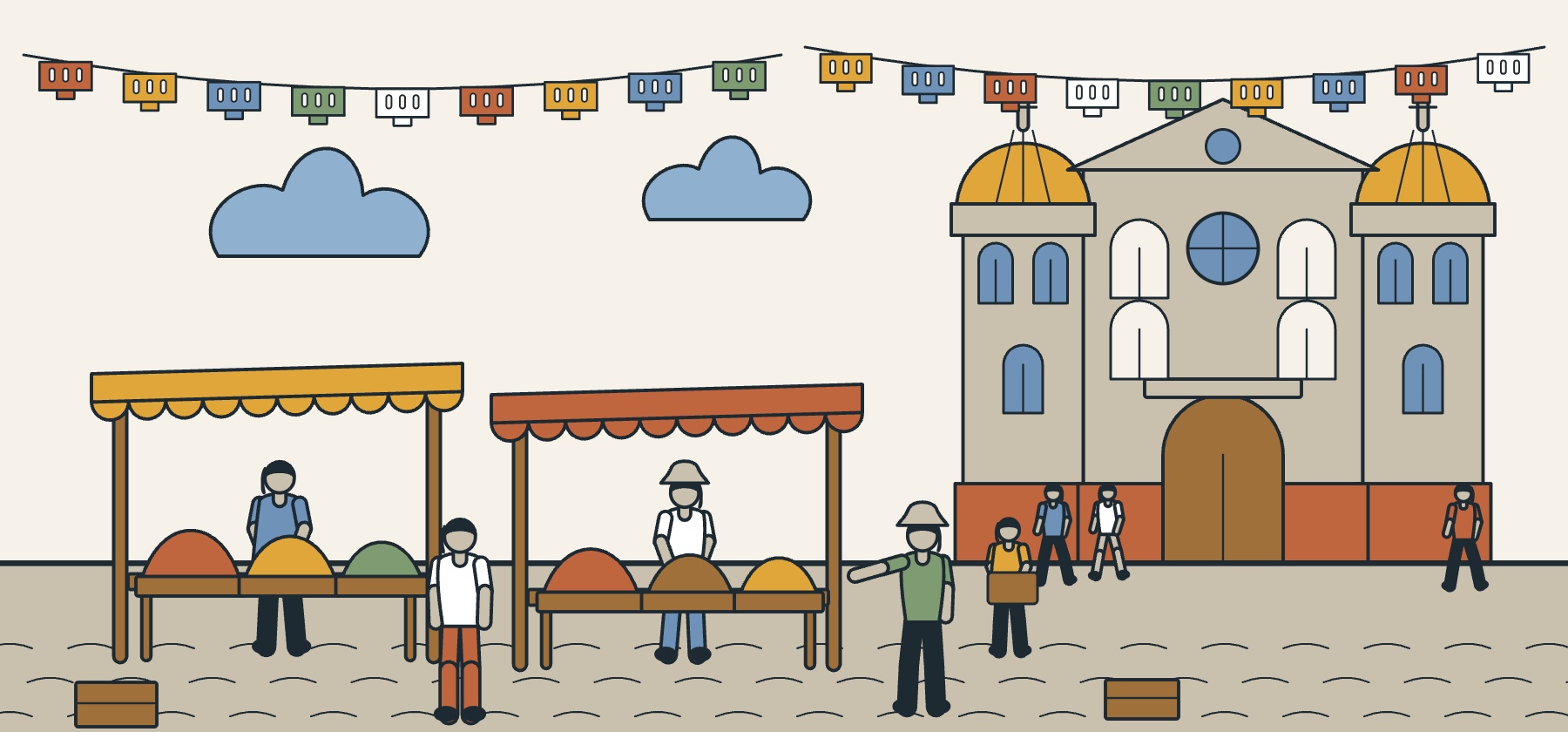 Illustration of a market in Oaxaca with coloured awnings, piles of chillies, papel picado and a baroque church facade
