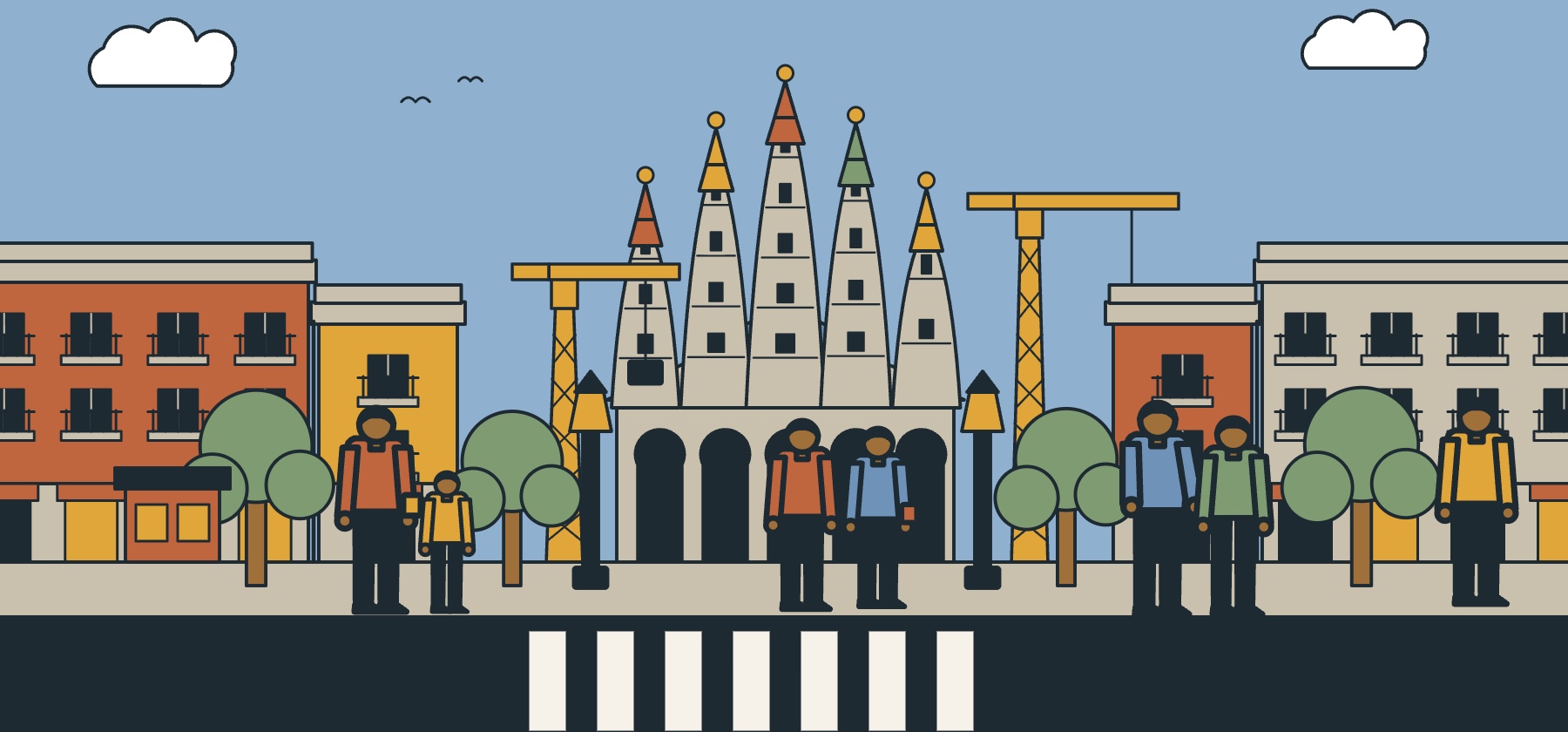 Illustration of the Sagrada Familia and an Eixample street corner in Barcelona