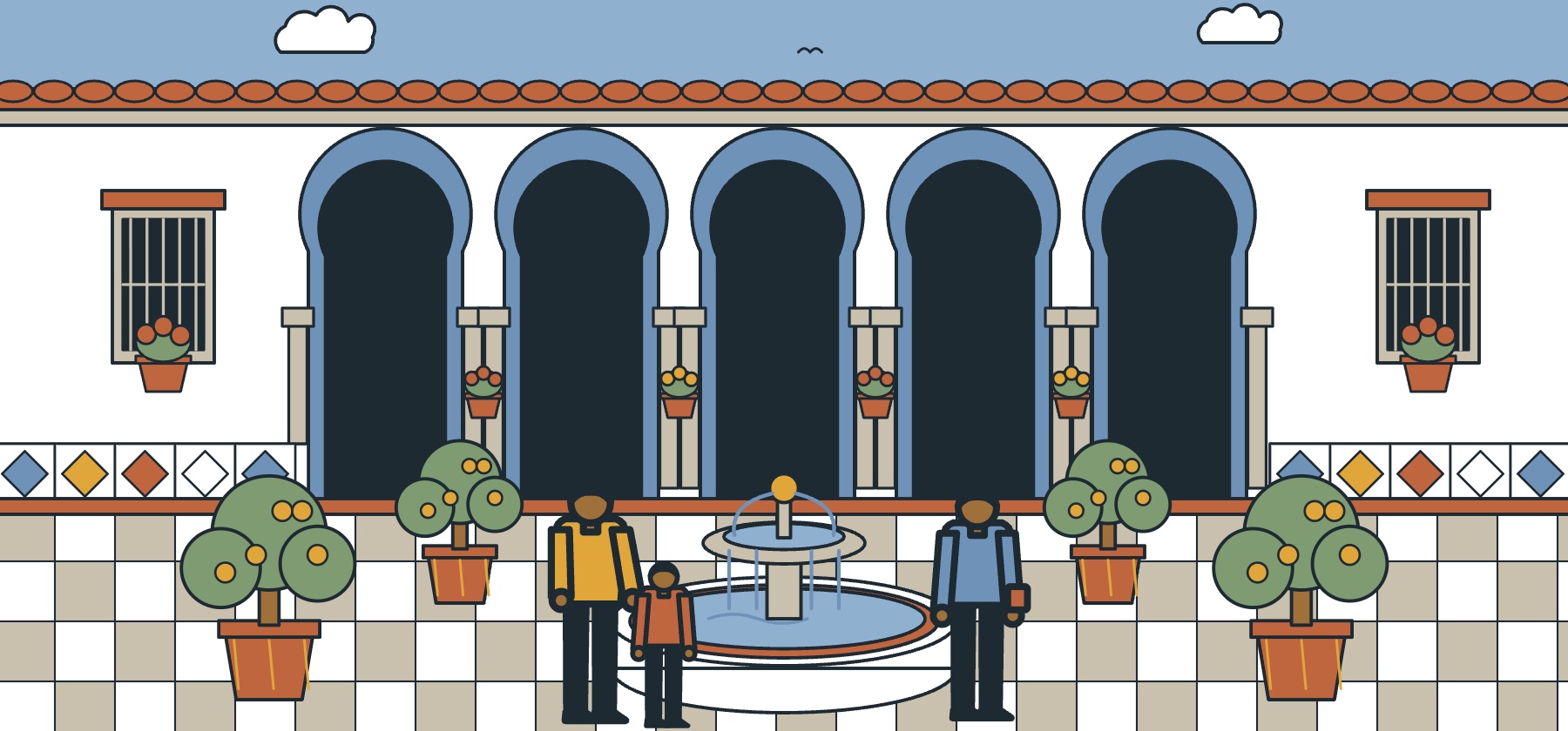 Illustration of an Andalusian patio in Seville with azulejos, potted orange trees and a fountain