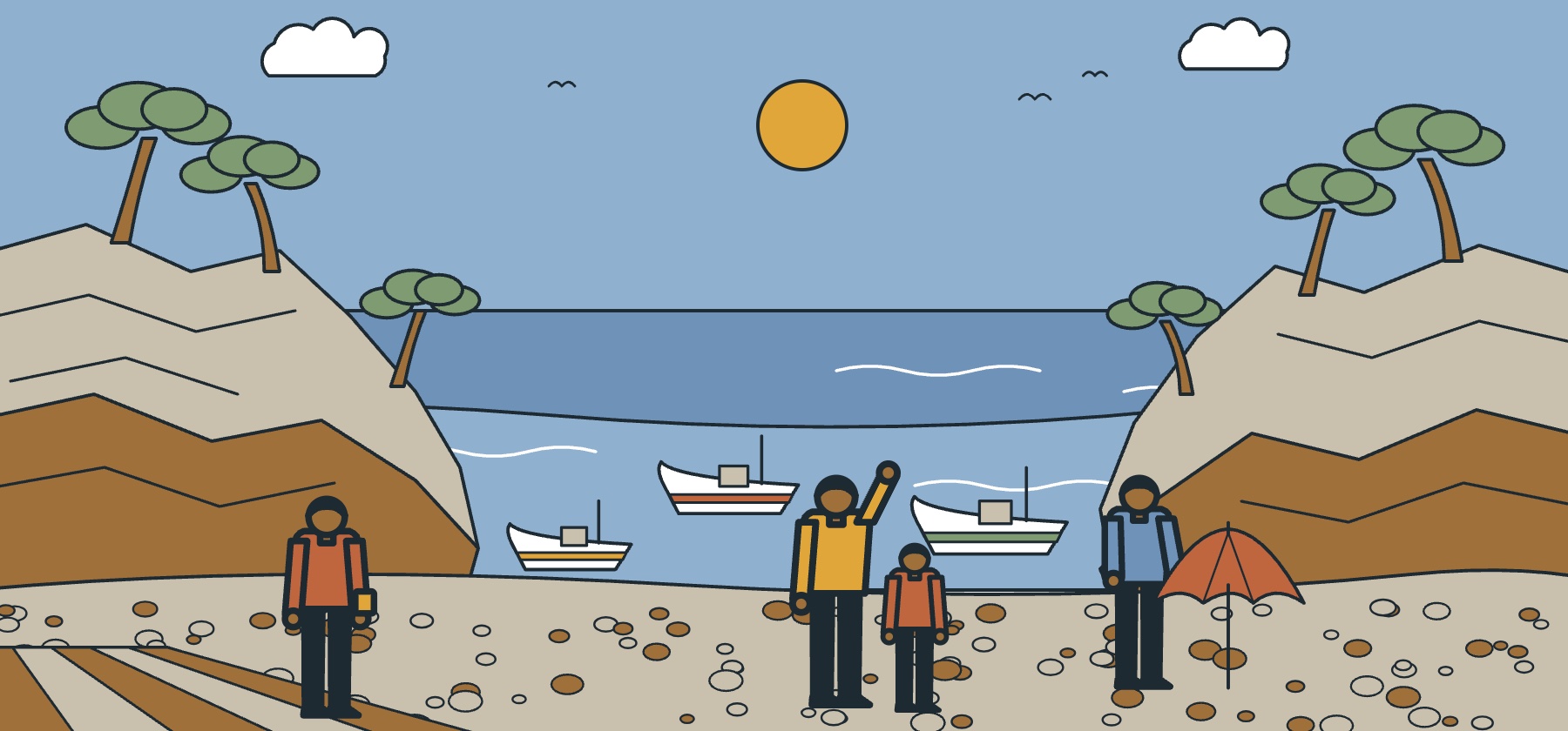 Illustration of a cove in Mallorca with pines, turquoise water and small boats below an ochre cliff