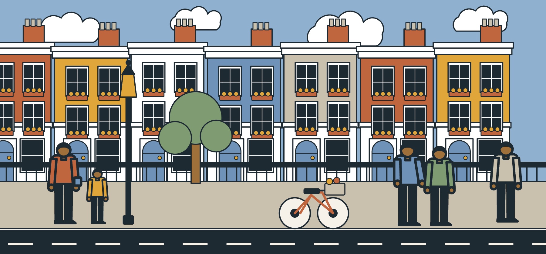 Illustration of a pastel terrace of houses in Notting Hill, London, under a broken sky