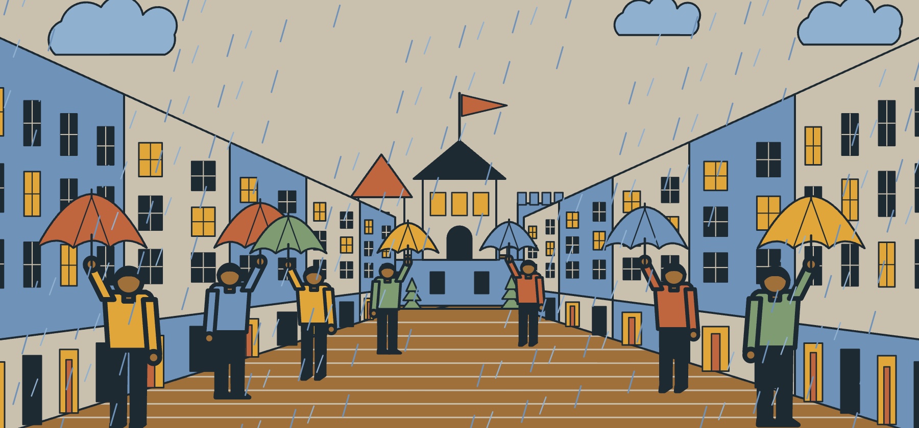 Illustration of the Royal Mile in Edinburgh in the rain, with umbrellas and the castle above