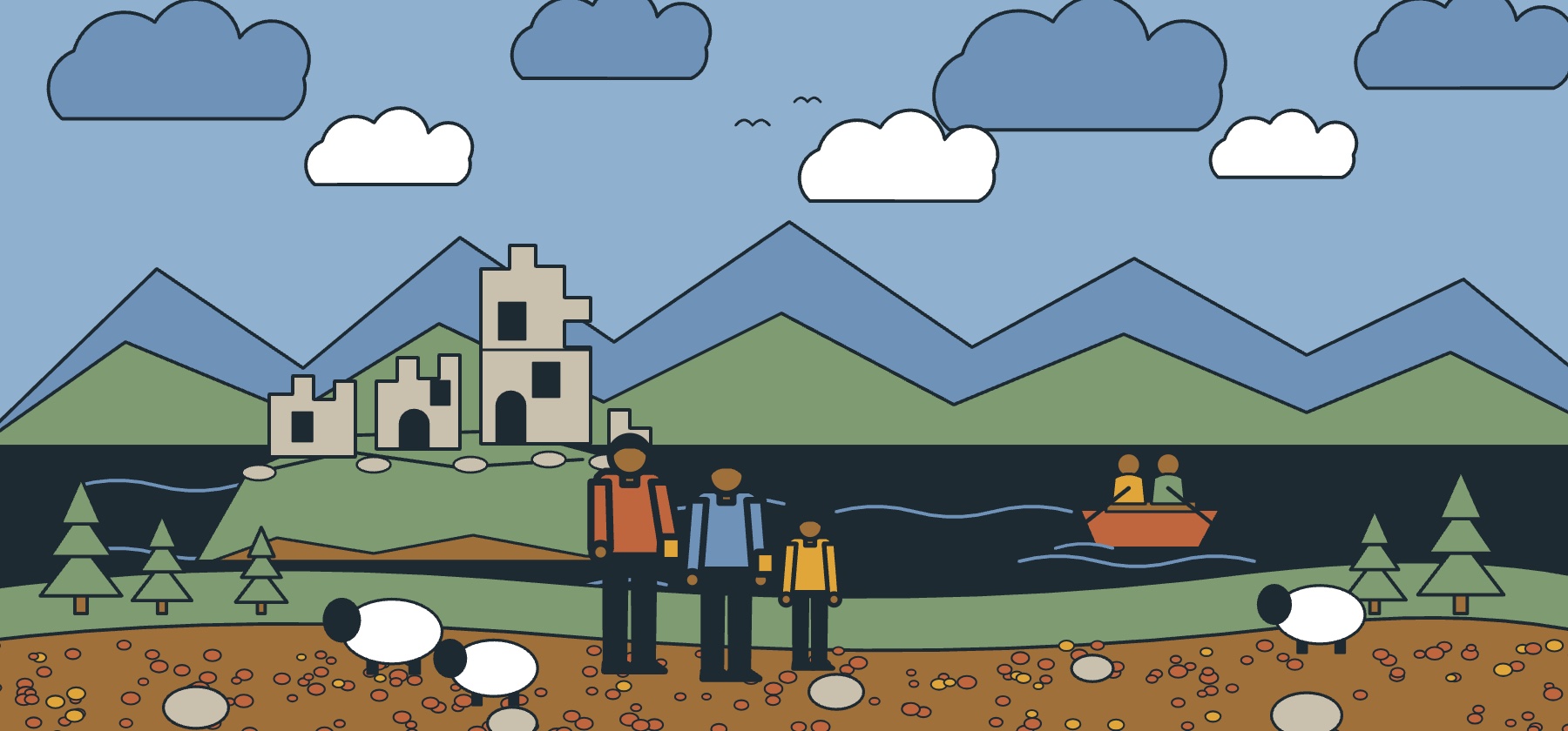Illustration of Loch Ness and the Highlands in August with heather, a ruined castle and sheep