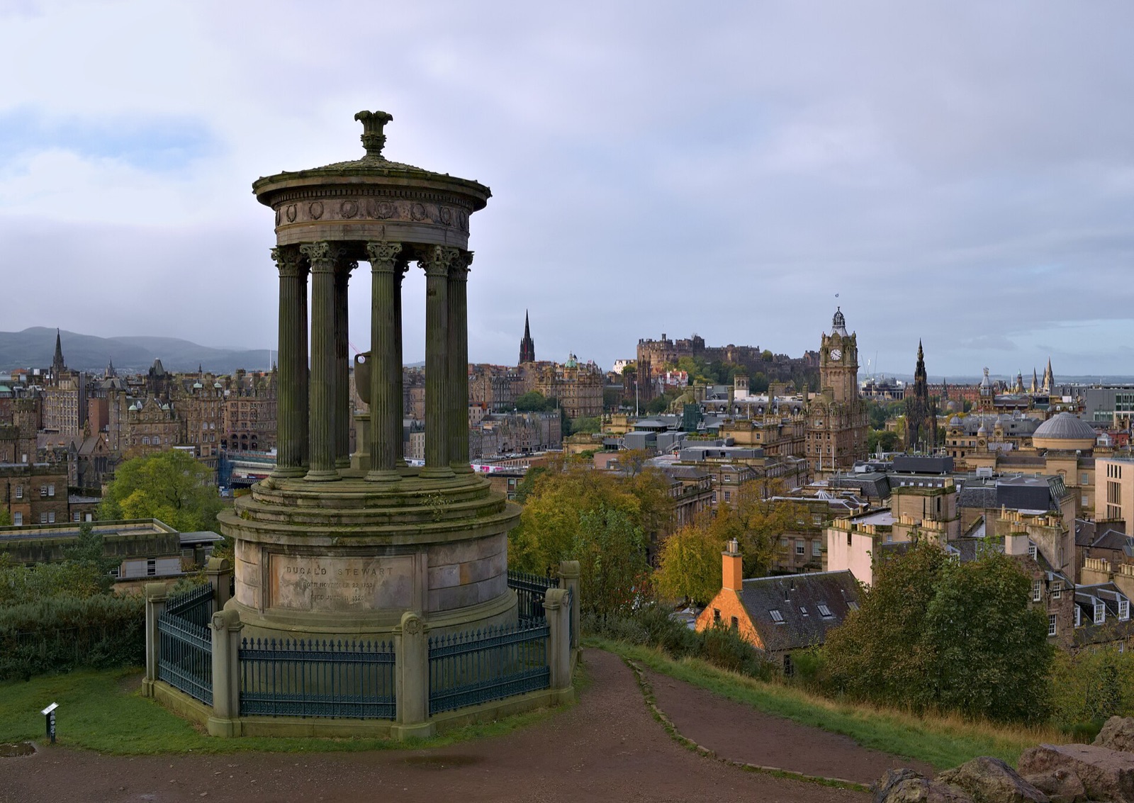 Edinburgh Old Town seen from Calton Hill with the Dugald Stewart Monument